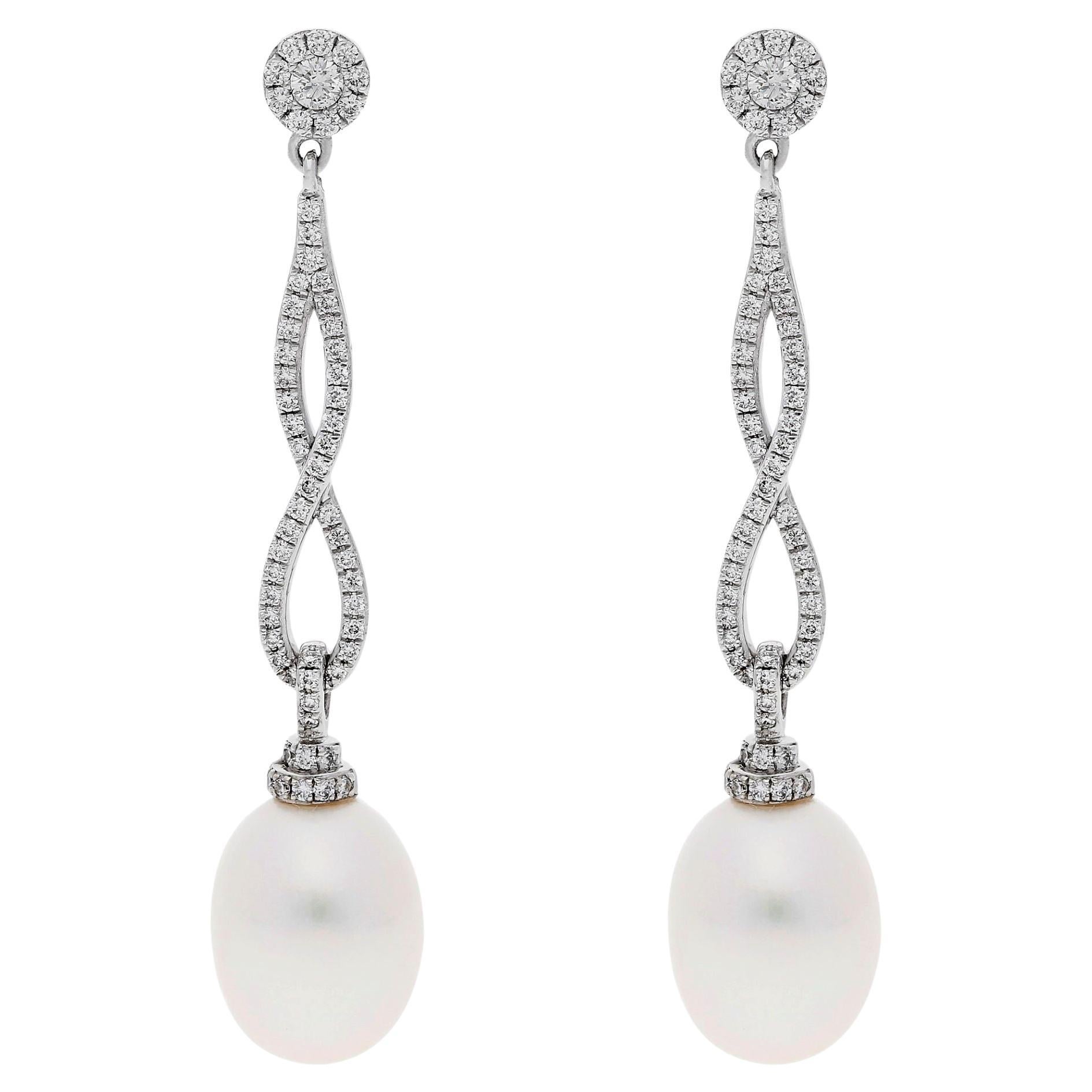 18ct White Gold Pearl & Diamond Infinity Drop Earrings For Sale
