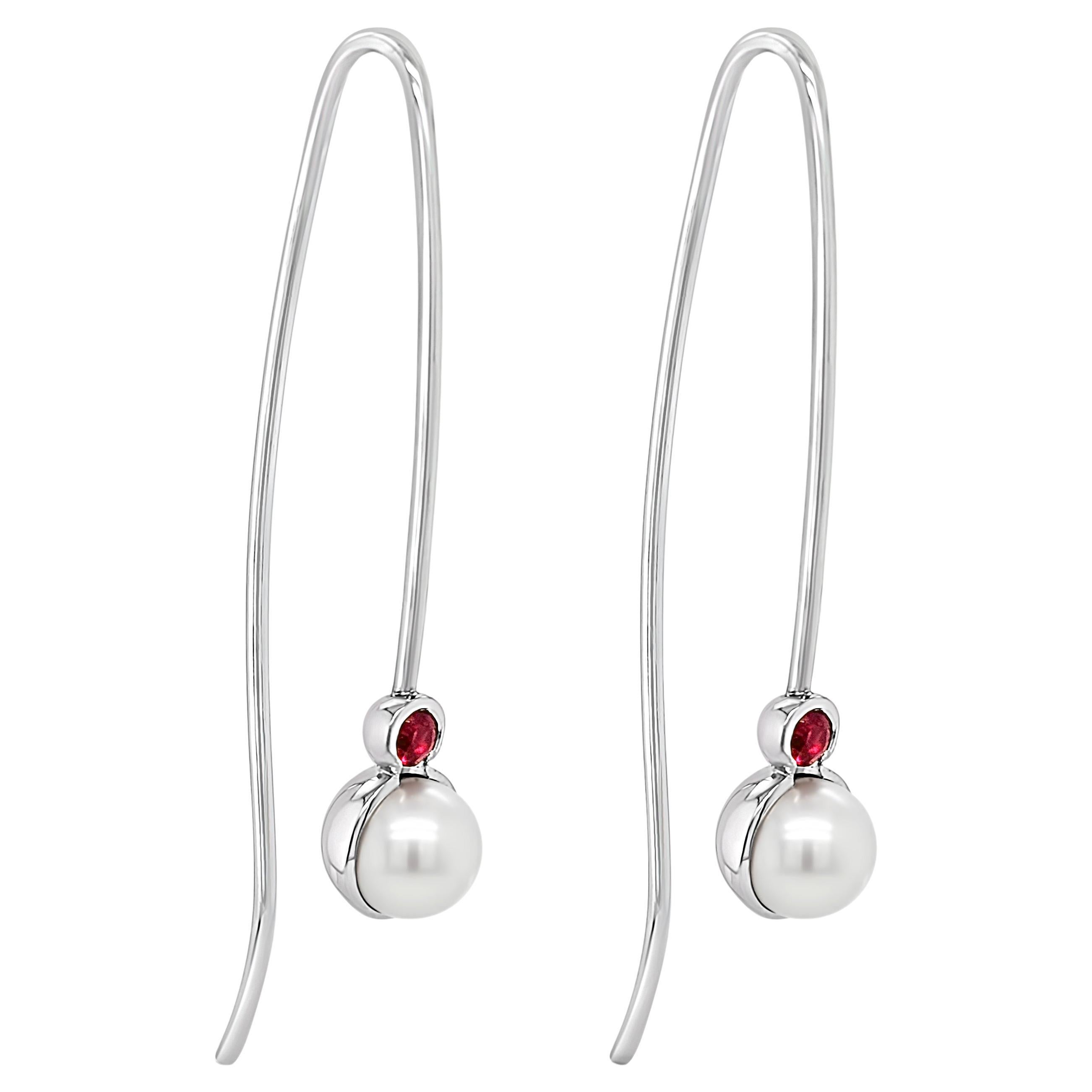  18ct White Gold & Pearl Earrings Featuring Rubies "Estelle" For Sale