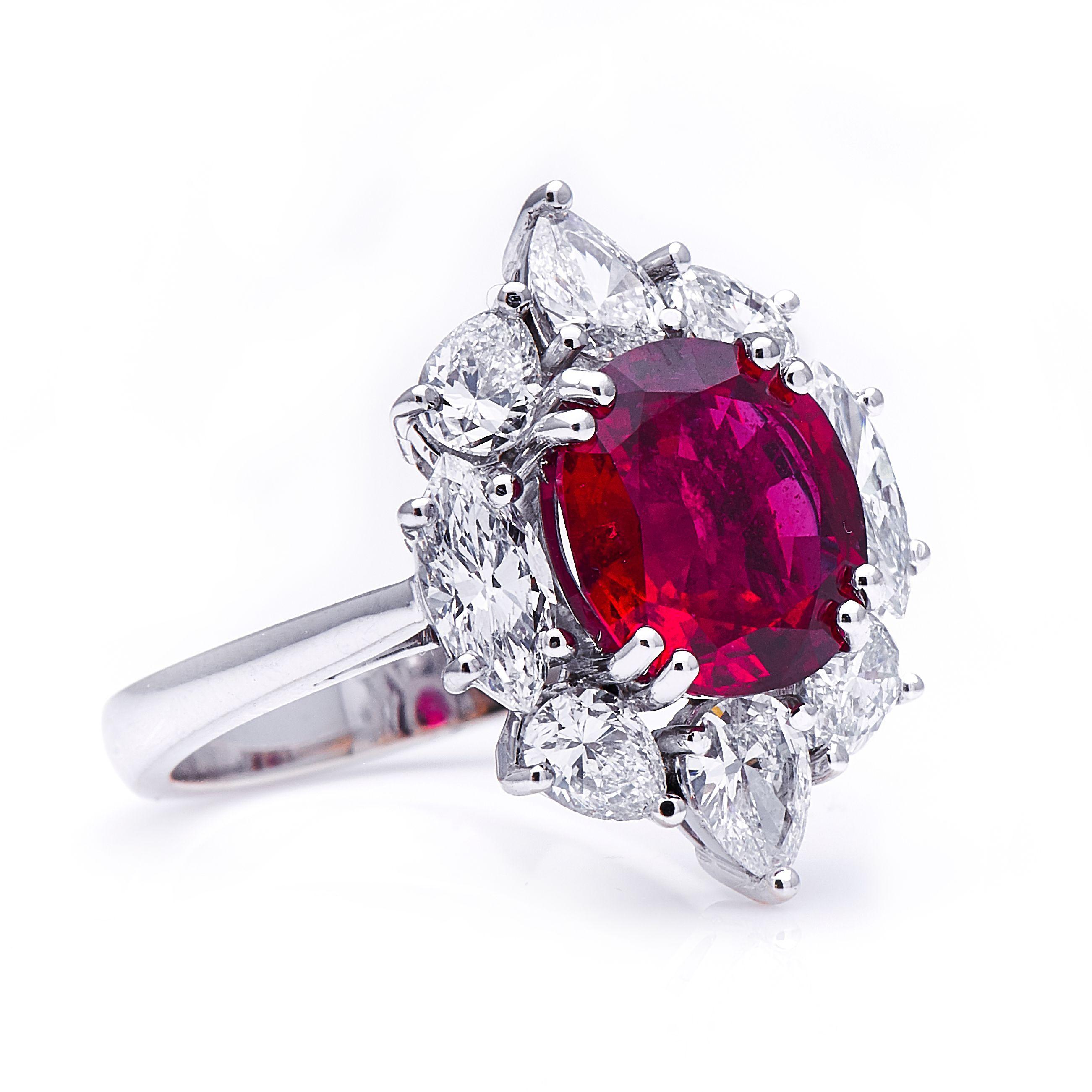 ‘Pigeon’s Blood’ ruby and diamond ring. The 4.27 carat unheated ruby at the centre of this ring is of extraordinary quality, displaying the vividly saturated, deep red known as ‘Pigeon’s Blood’. The exact description of ‘Pigeon’s Blood’ red varies