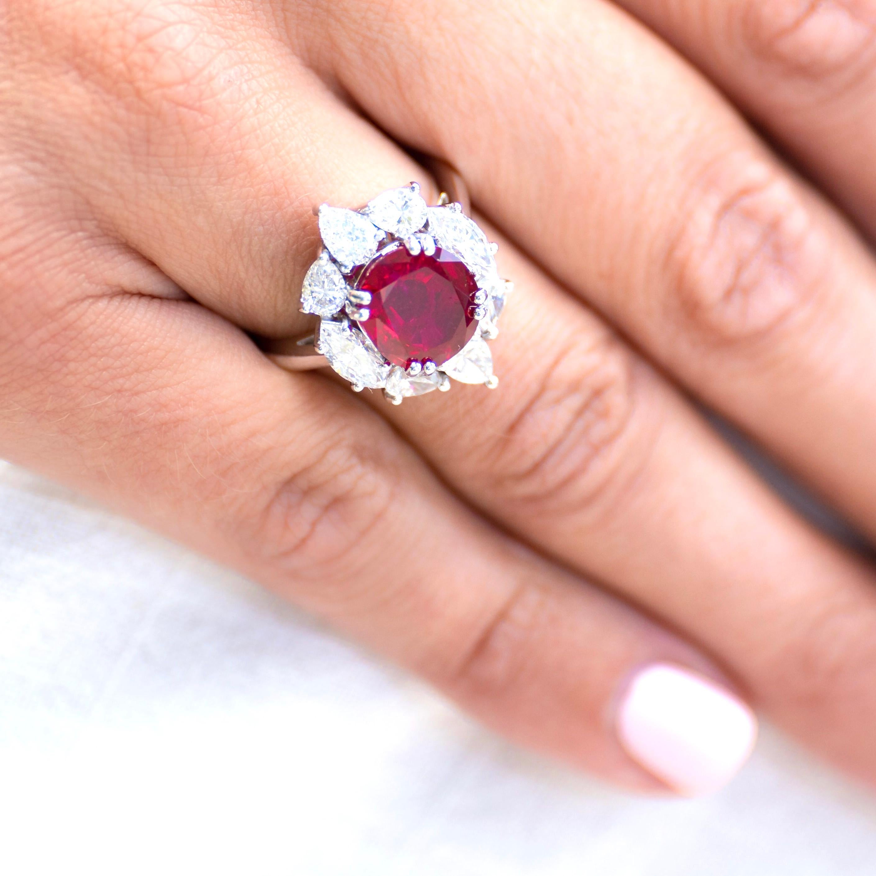 Cushion Cut 18 Carat White Gold, ‘Pigeon’s Blood’ 4.27 Carat Ruby and Diamond Cluster Ring