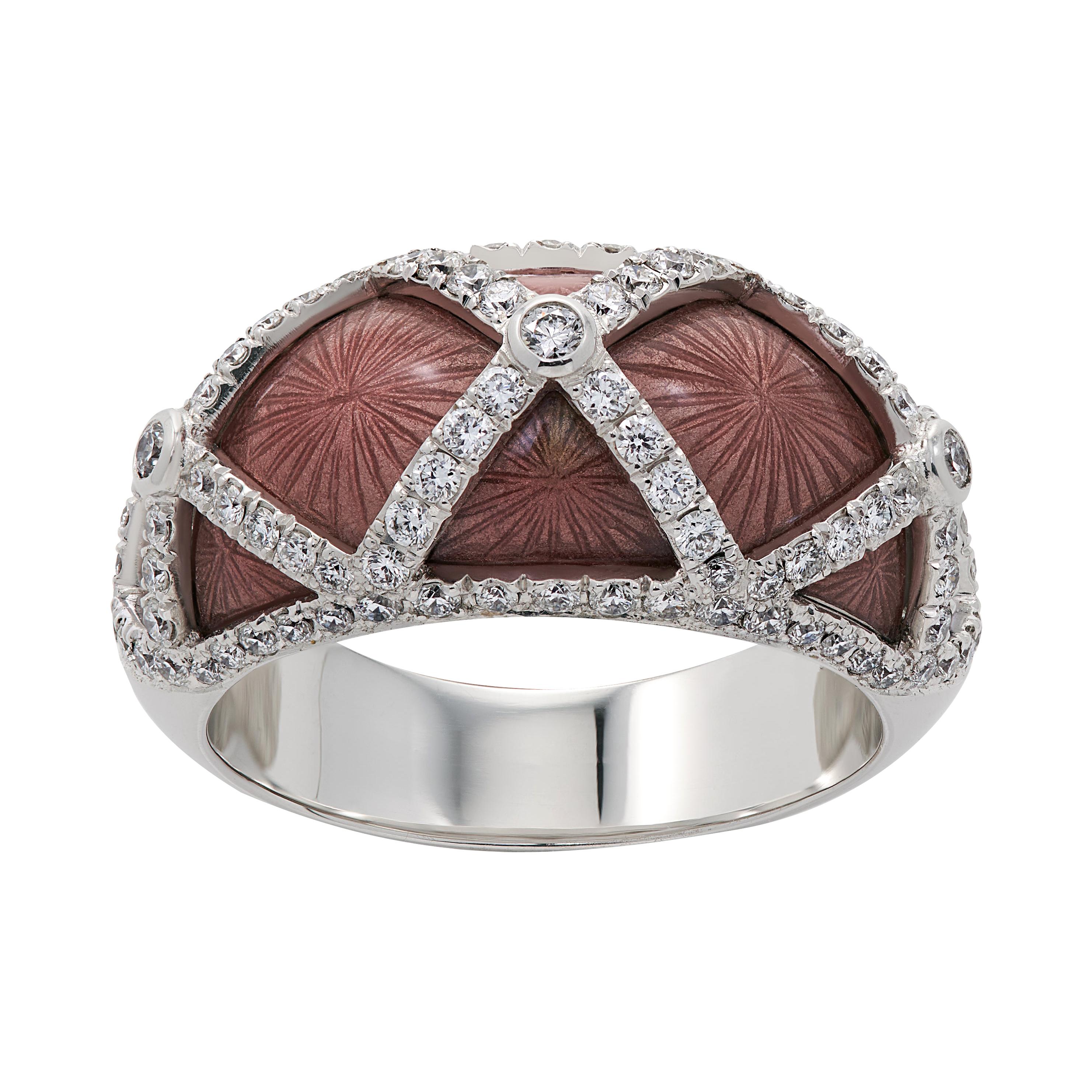 18ct White Gold Pink Enamel and Diamond Cocktail Ring For Sale