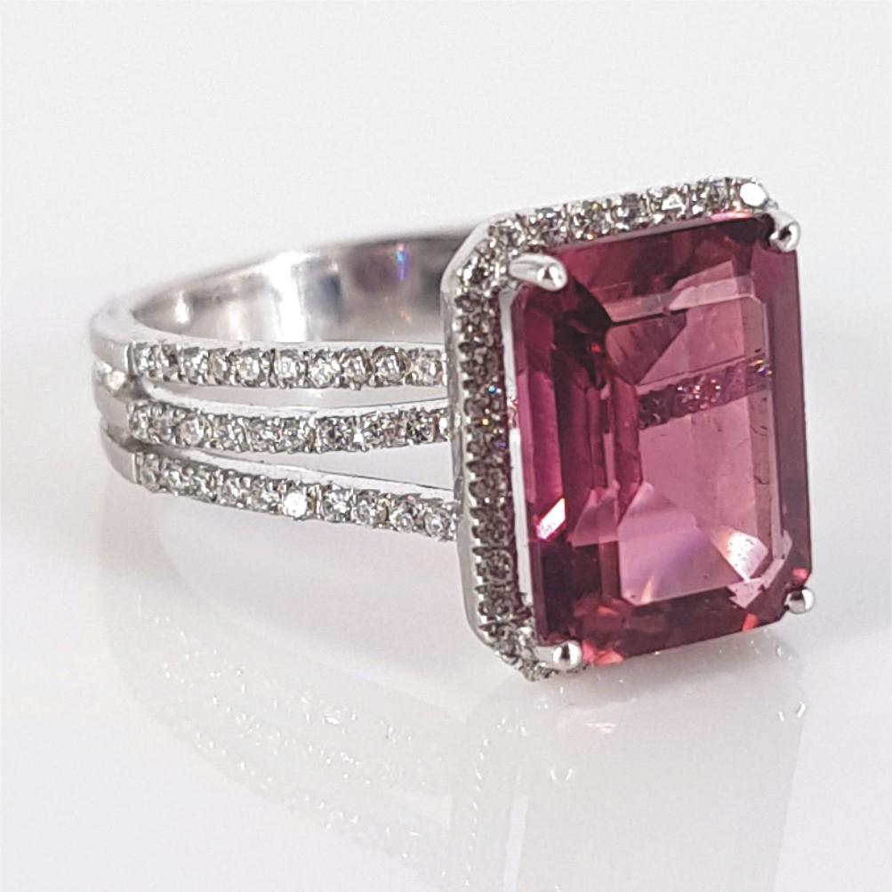 Emerald Cut 18ct White Gold Pink Tourmaline & Diamond Ring