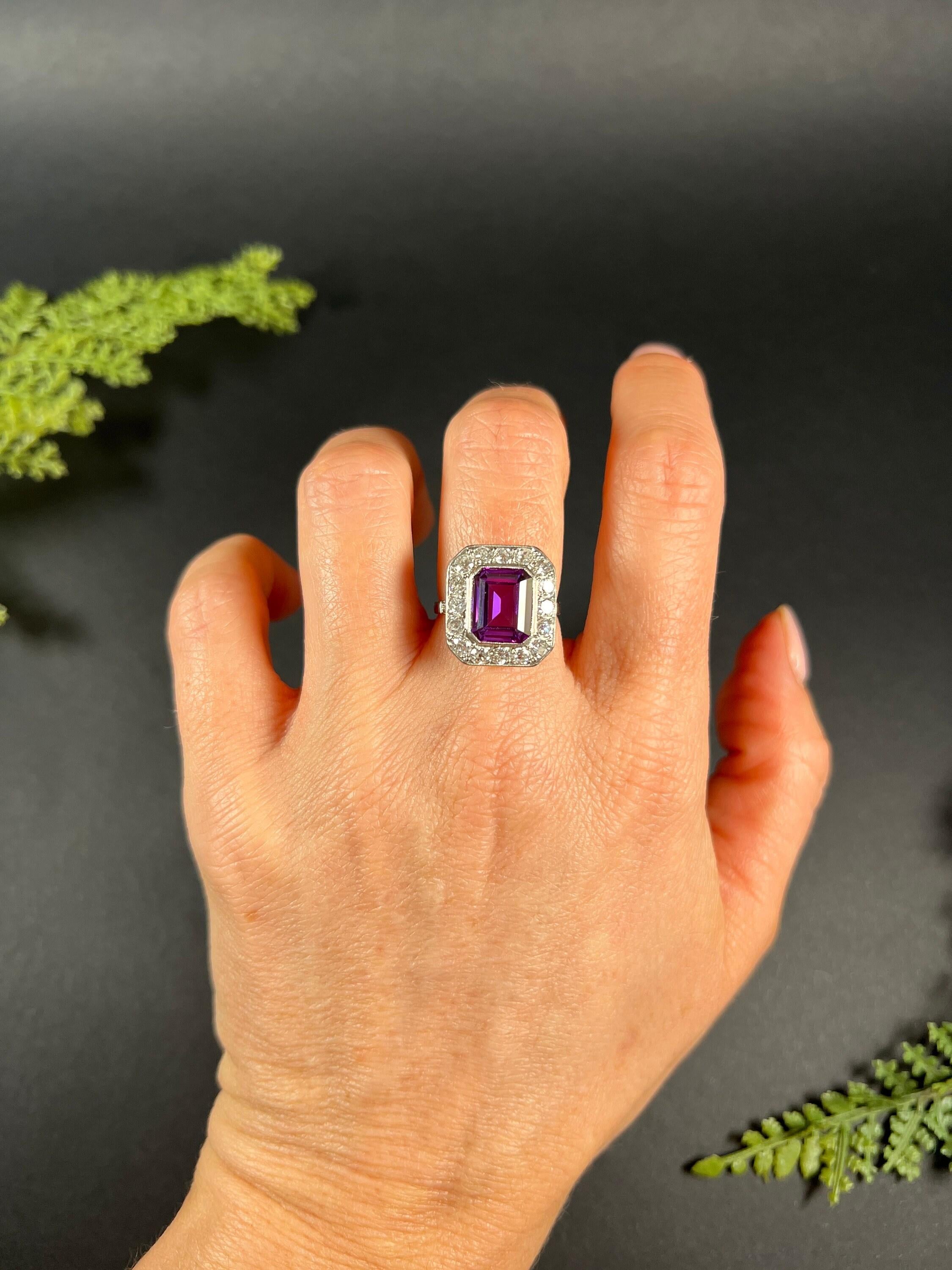 Women's or Men's 18ct White Gold & Platinum 1920s Amethyst Diamond Rectangular Cluster Halo Ring For Sale