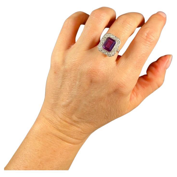 18ct White Gold & Platinum 1920s Amethyst Diamond Rectangular Cluster Halo Ring For Sale