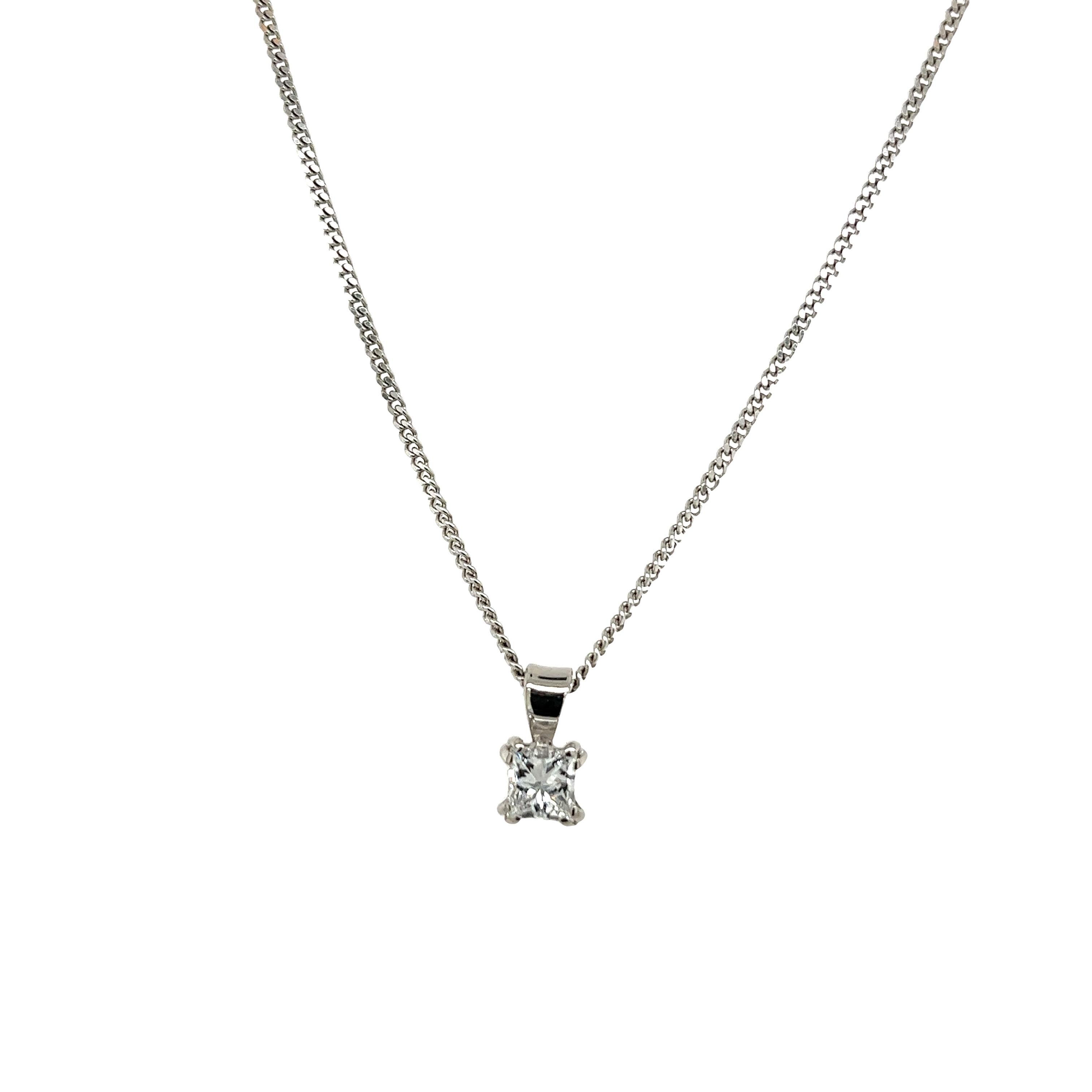 The perfect gift for the one you love, 
the 18ct white gold diamond pendant  
with a 0.49ct princess cut diamond. 
The pendant sits on a 18-inch 18ct white gold chain 
and can be worn with any outfit.
Total Diamond Weight: 0.49ct
Diamond Colour: