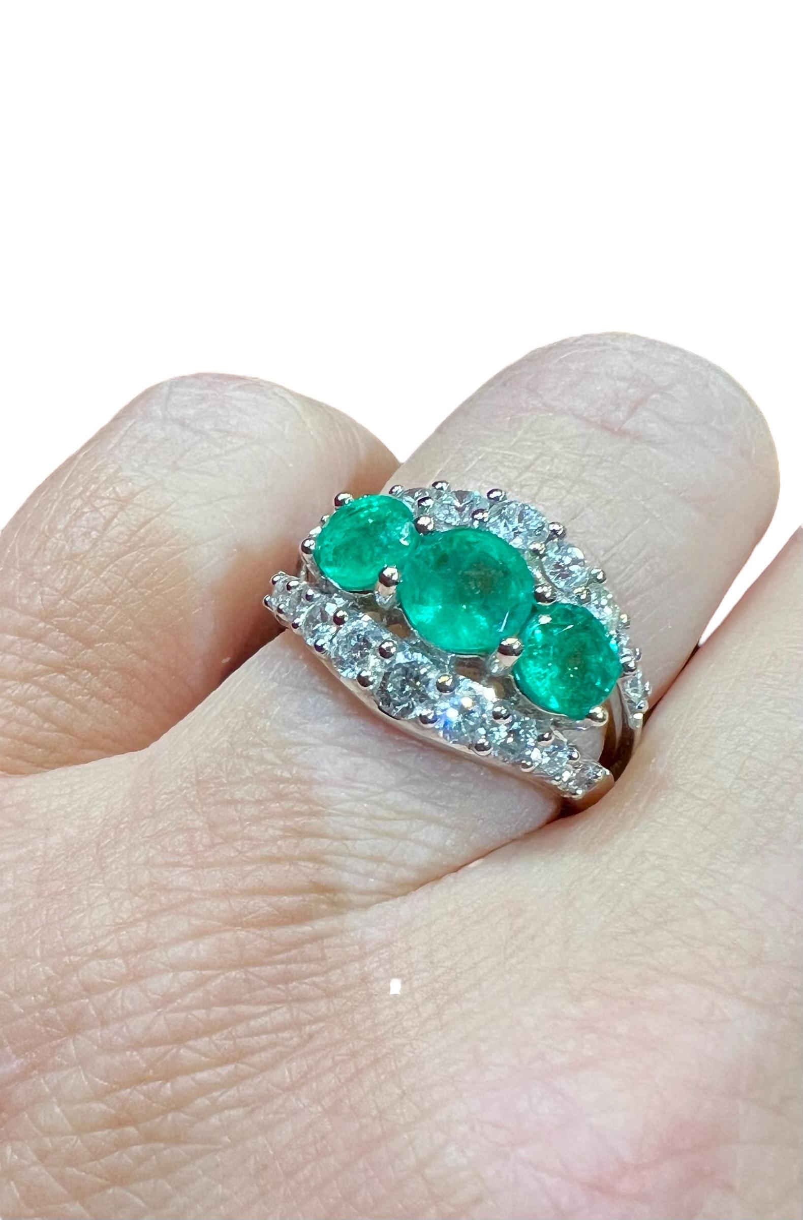 Emerald Cut 18ct White Gold Ring Set With 3 Emeralds And Brilliant Pavings For Sale