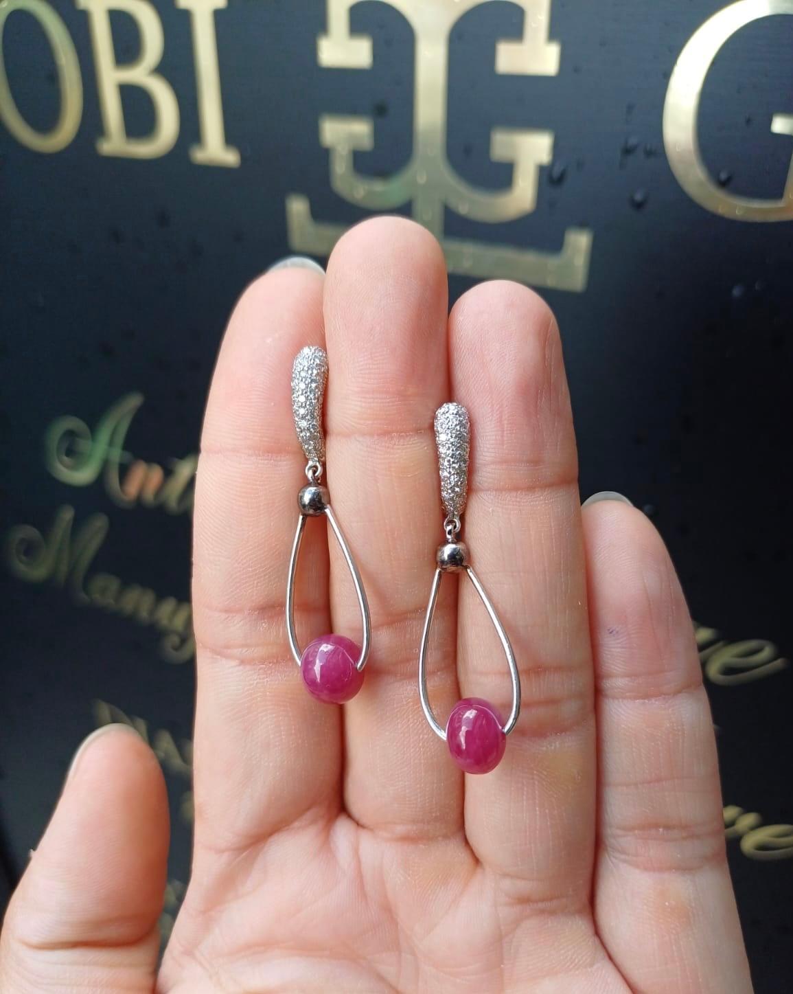 Bead 18ct White Gold Ruby and Diamond Drop Earrings For Sale