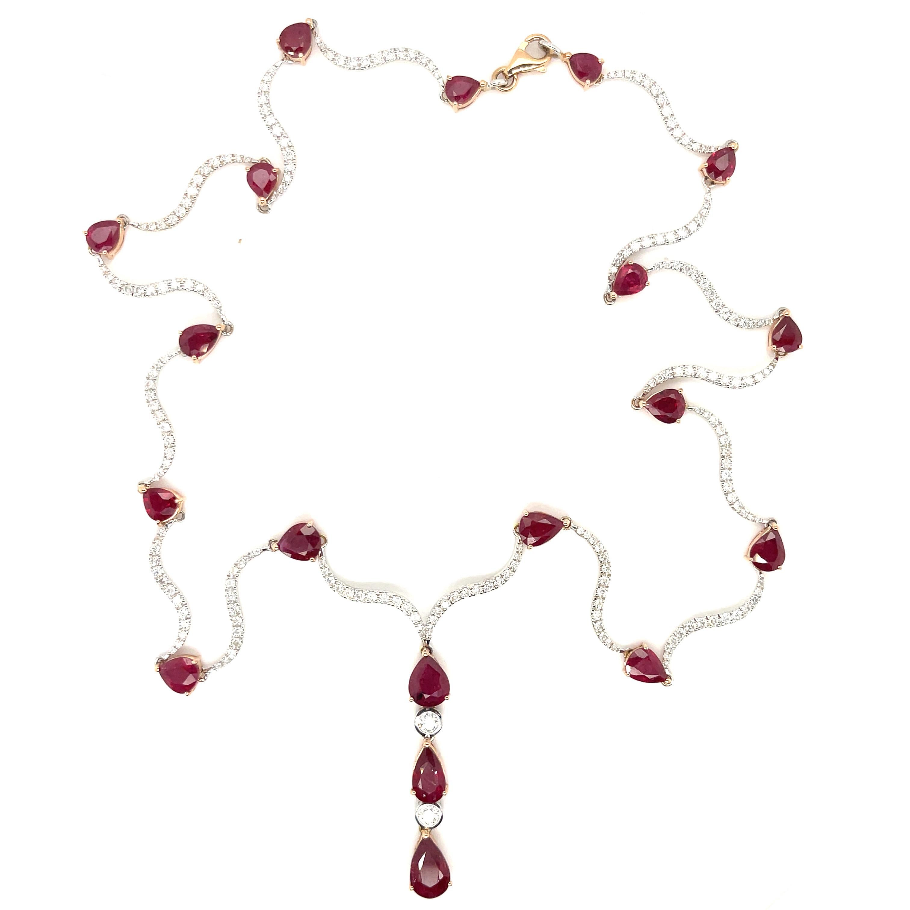 Pear Cut 18ct White Gold Ruby and Diamond Necklace For Sale