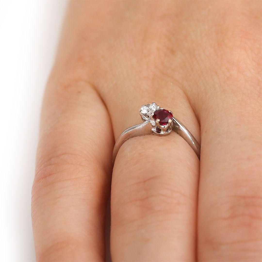 18ct White Gold Ruby and Diamond Two Stone Toi Et Moi Crossover Ring 4