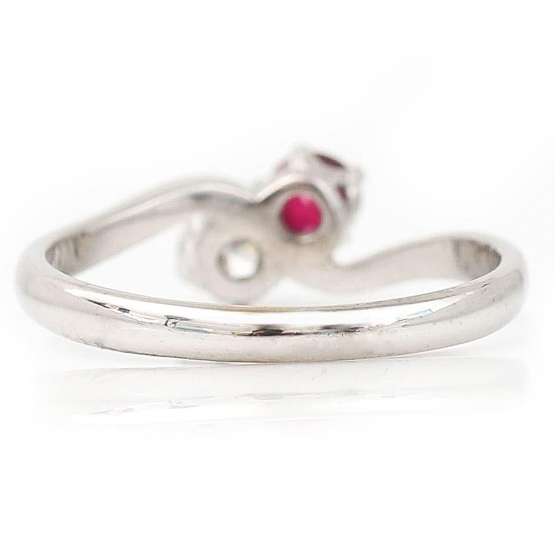 Round Cut 18ct White Gold Ruby and Diamond Two Stone Toi Et Moi Crossover Ring