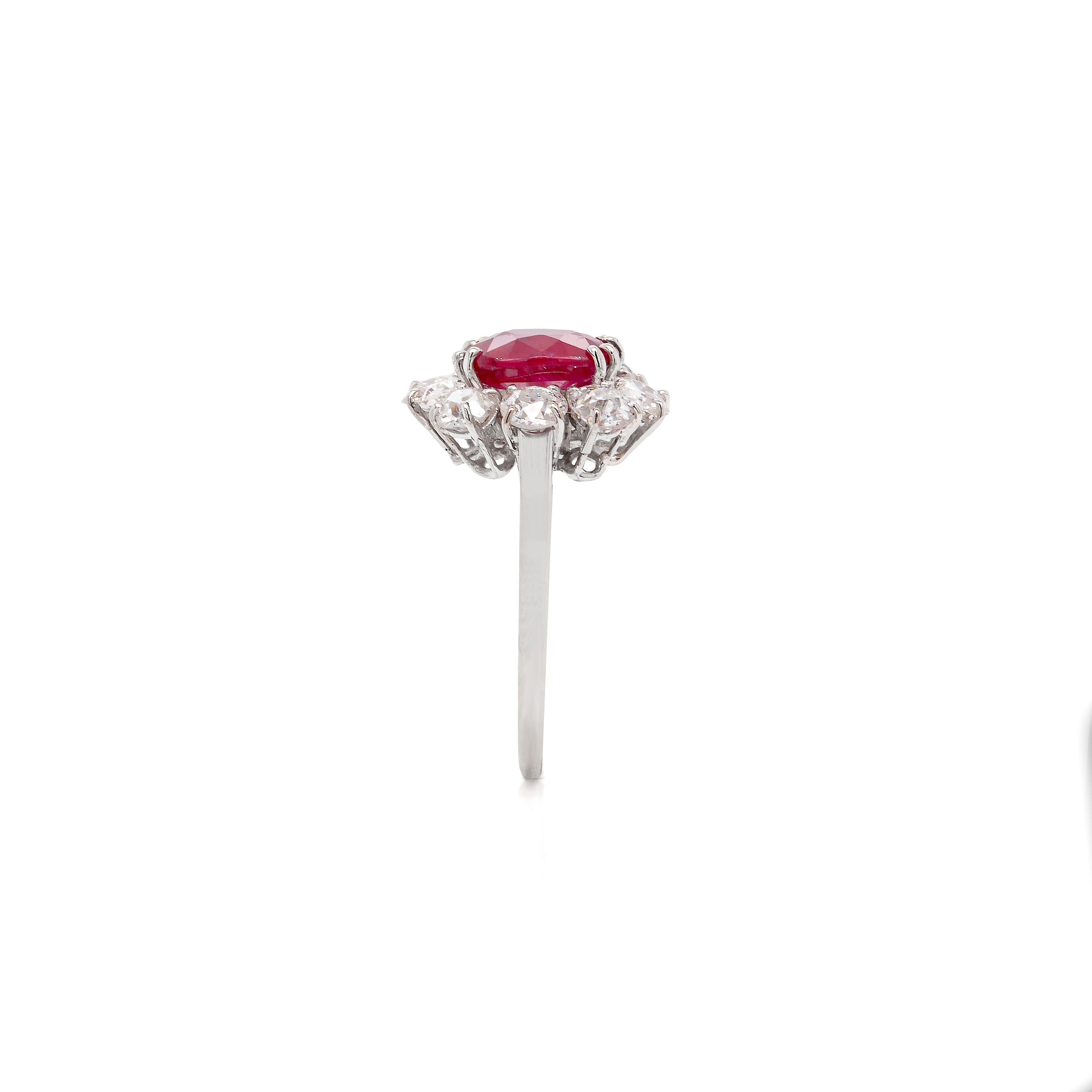 Oval Cut 18ct White Gold Ruby and Old Cut Diamond Cluster Engagement Ring For Sale