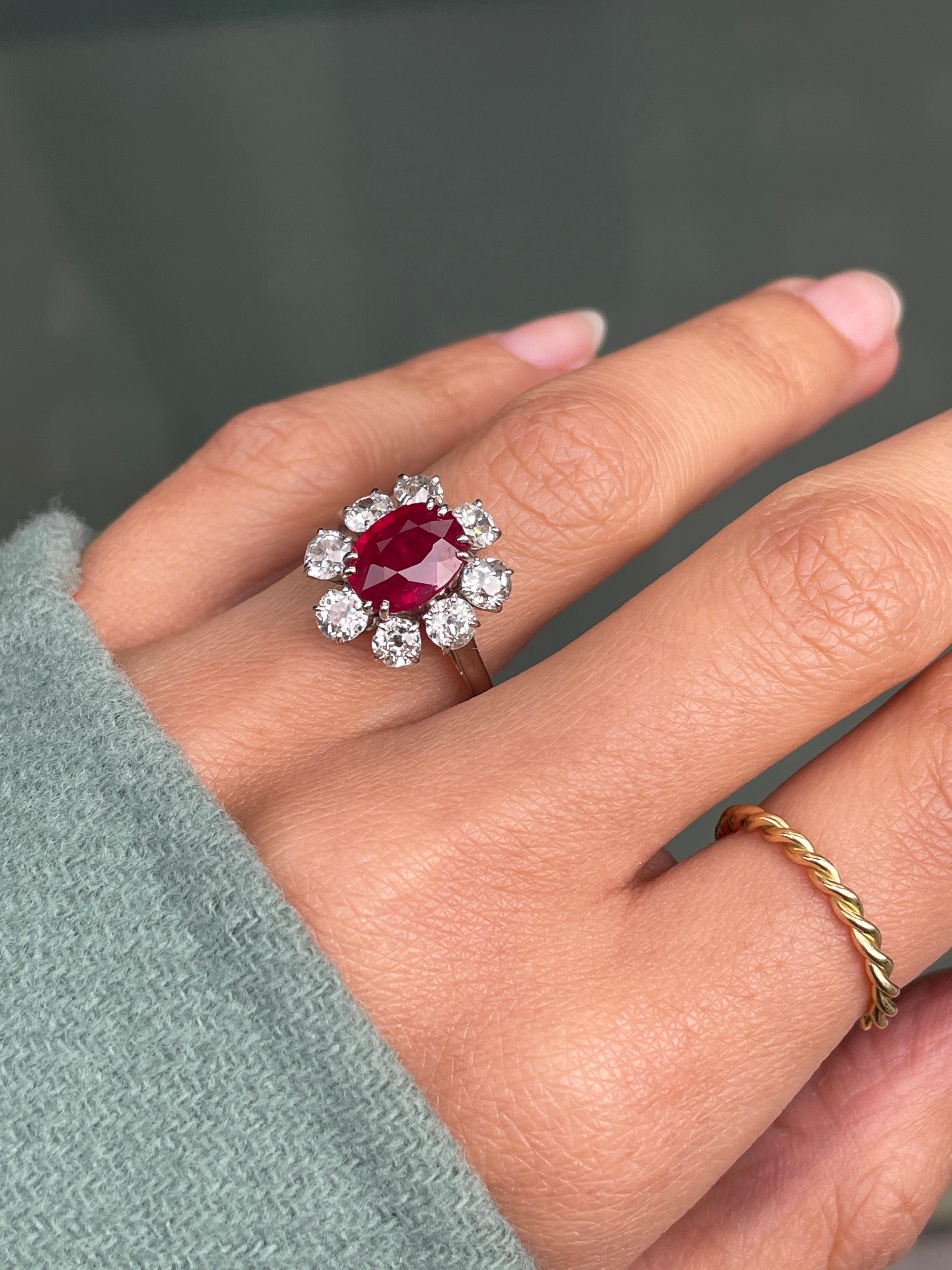Women's 18ct White Gold Ruby and Old Cut Diamond Cluster Engagement Ring For Sale