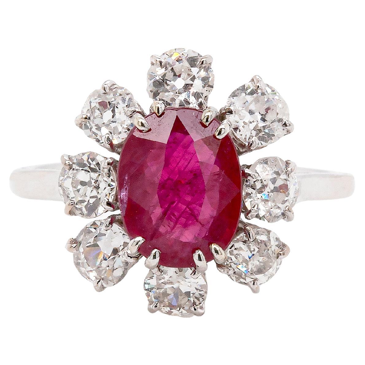 18ct White Gold Ruby and Old Cut Diamond Cluster Engagement Ring For Sale