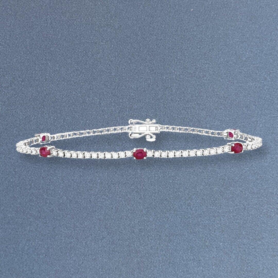 Women's or Men's 18ct White Gold Ruby Diamond Tennis Bracelet 1.65ct DIA 1.10ct Ruby 7g For Sale