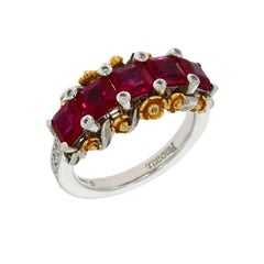 18ct White Gold, Ruby & Diamond Victorian Style Eternity Ring with Blossom Motif