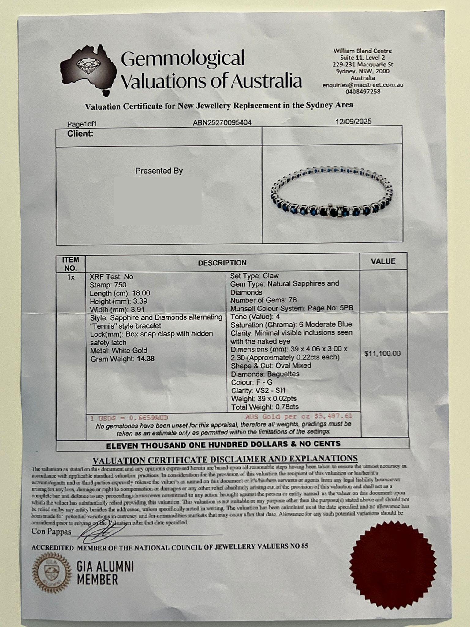 18ct Weißgold Saphir und Diamant Tennis-Armband 8.5ct 14.38g im Angebot 5