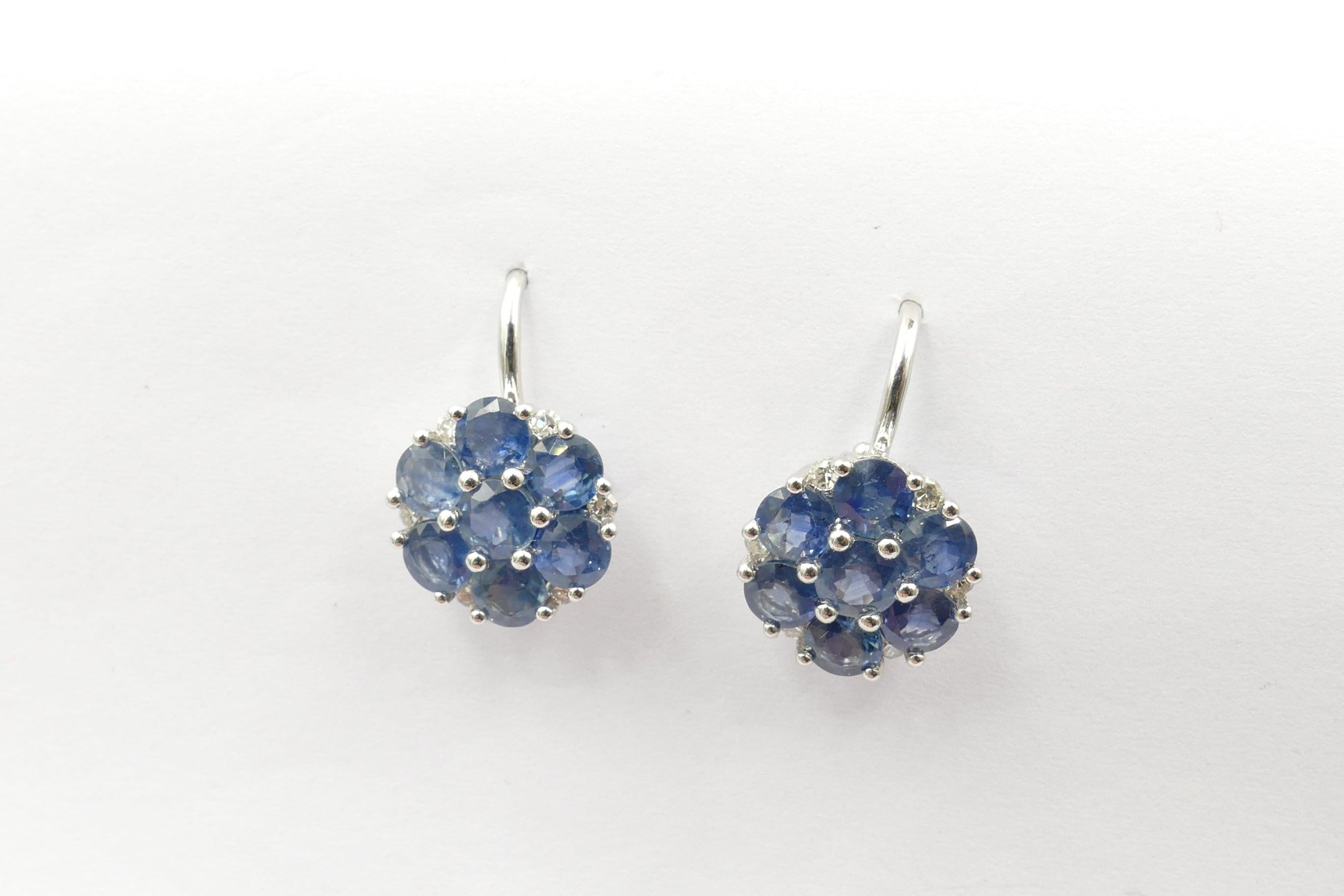 Beautiful Earrings that can be worn with any colour, day or night.
They feature 14 sapphires of mid to medium dark colour, total weight 3.75 carats, Round Cut, Shared Claw Set, along with 14 Round Brilliant Cut Diamonds Colour H-K.
The Earrings