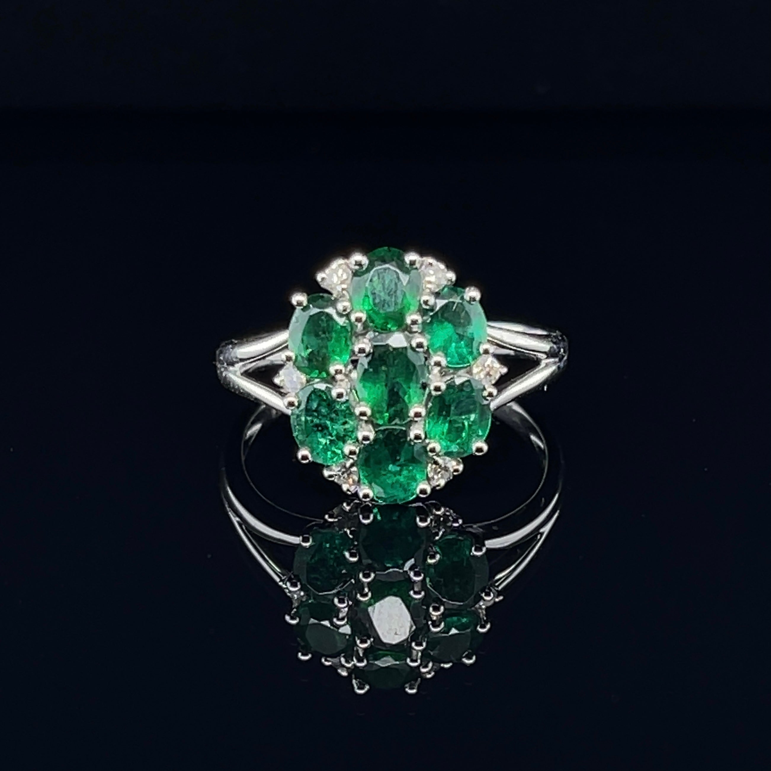 For Sale:  18ct White Gold Seven Stone Emerald and Diamond Ring 6