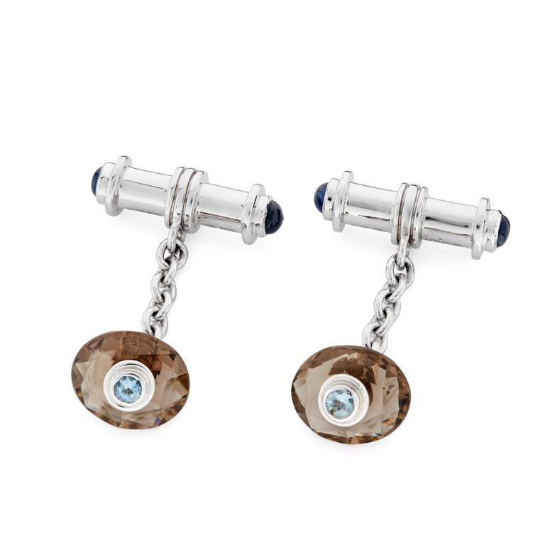 Brilliant Cut 18ct White Gold Smokey Quartz & Aquamarine Cufflinks with Sapphire Dumbbell Ends For Sale