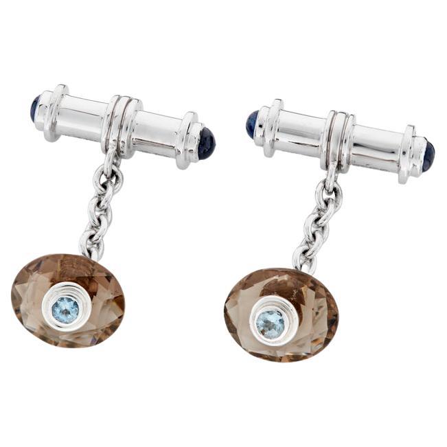 18ct White Gold Smokey Quartz & Aquamarine Cufflinks with Sapphire Dumbbell Ends For Sale