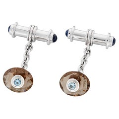 Boutons de manchette en or blanc 18 carats, quartz fumé et aigue-marine, avec extrémités en saphir Dumbbell