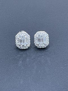 18ct White Gold Solitaire Diamond Earrings 1.40ct Emerald cut Centre halo studs