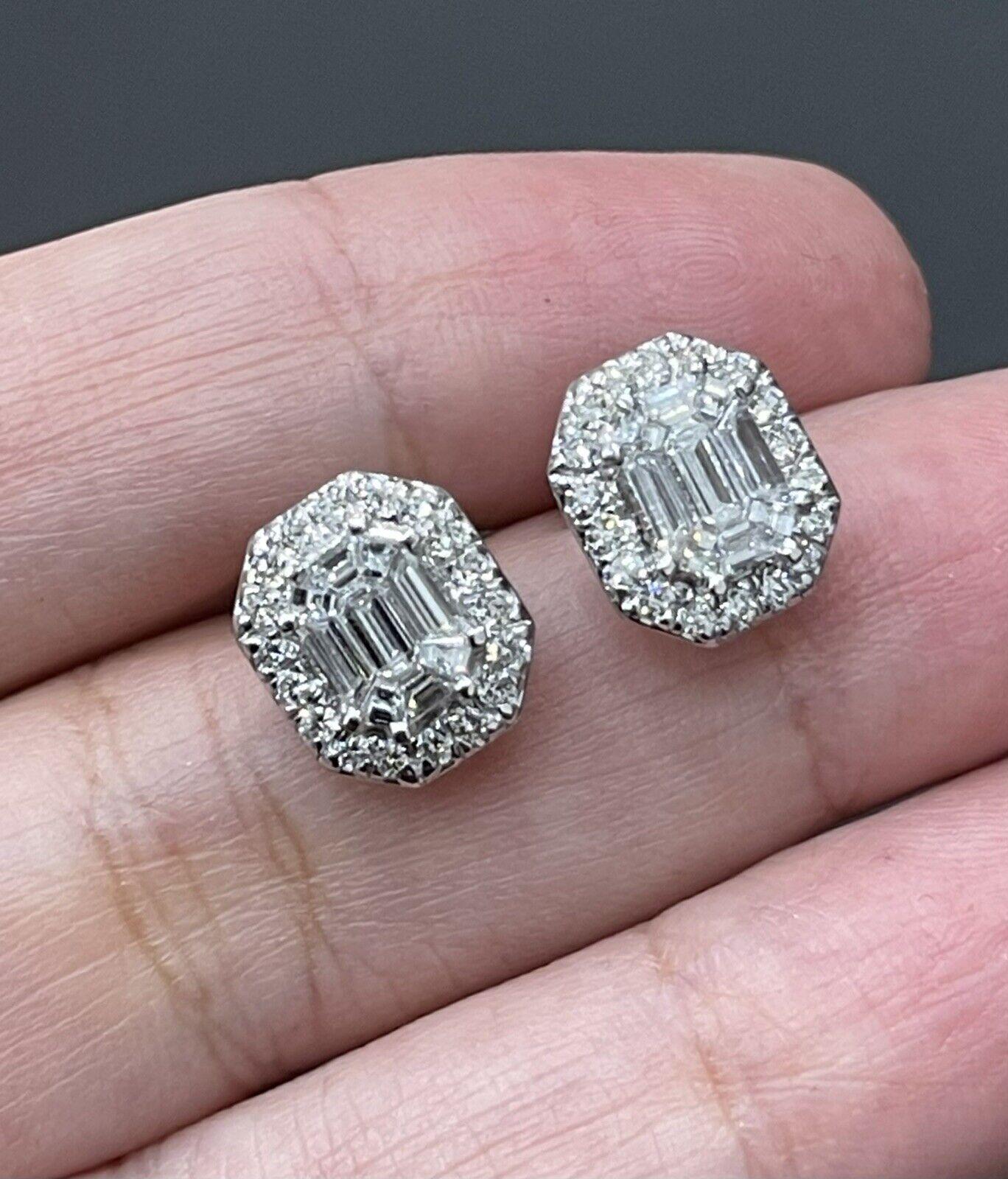 18ct White Gold Solitaire Diamond Earrings 1.40ct Emerald cut Centre halo studs In New Condition For Sale In Ilford, GB