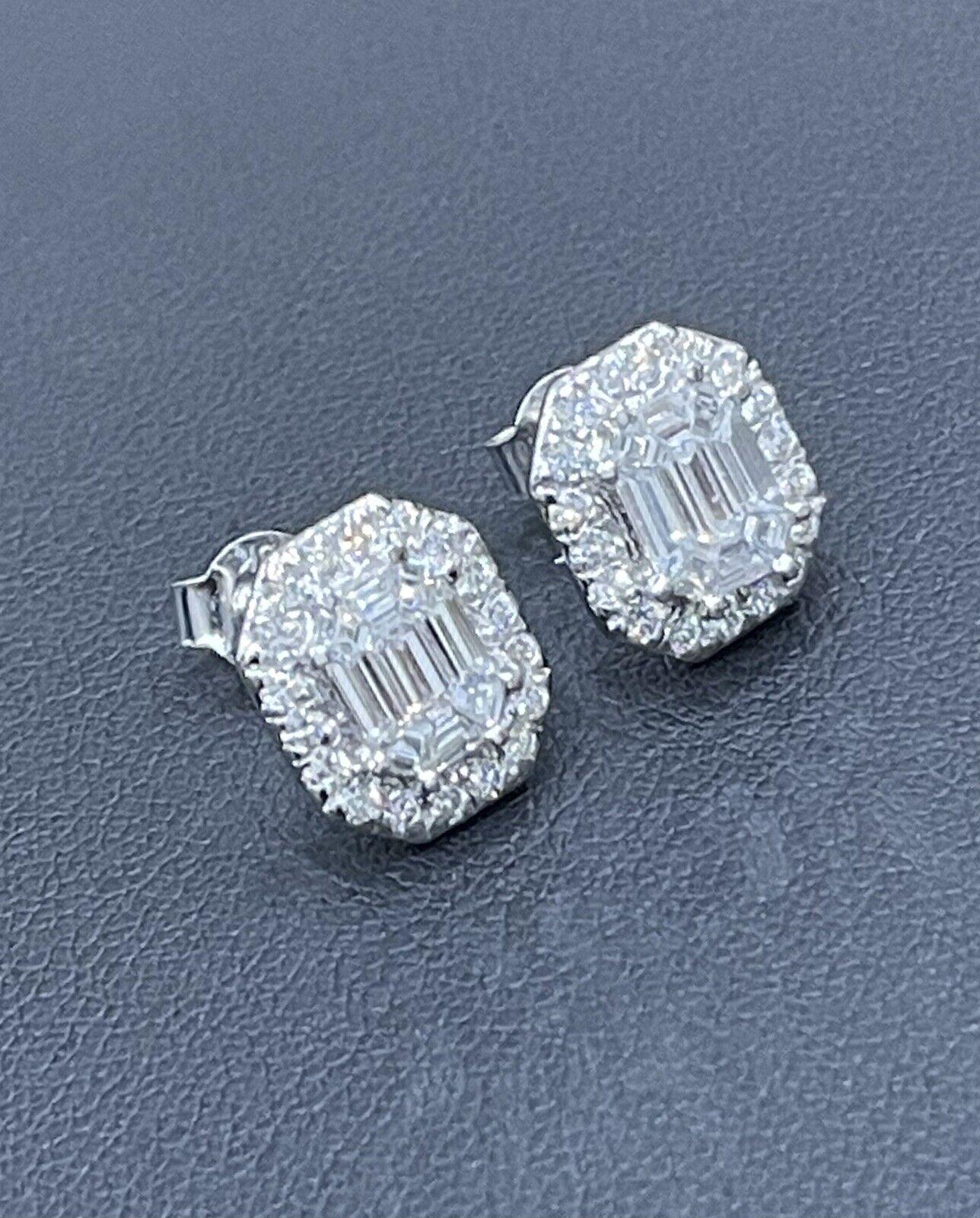 18ct White Gold Solitaire Diamond Earrings 1.40ct Emerald cut Centre halo studs For Sale 1
