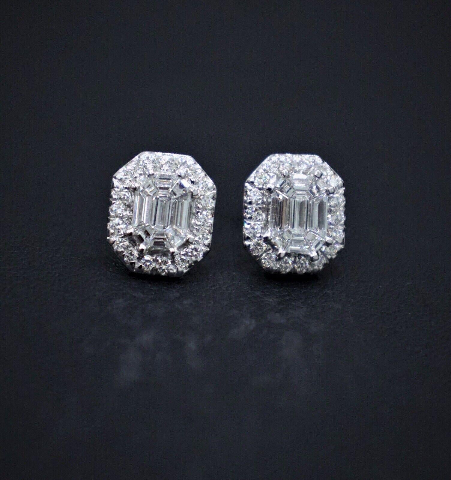 18ct White Gold Solitaire Diamond Earrings 1.40ct Emerald cut Centre halo studs For Sale 3