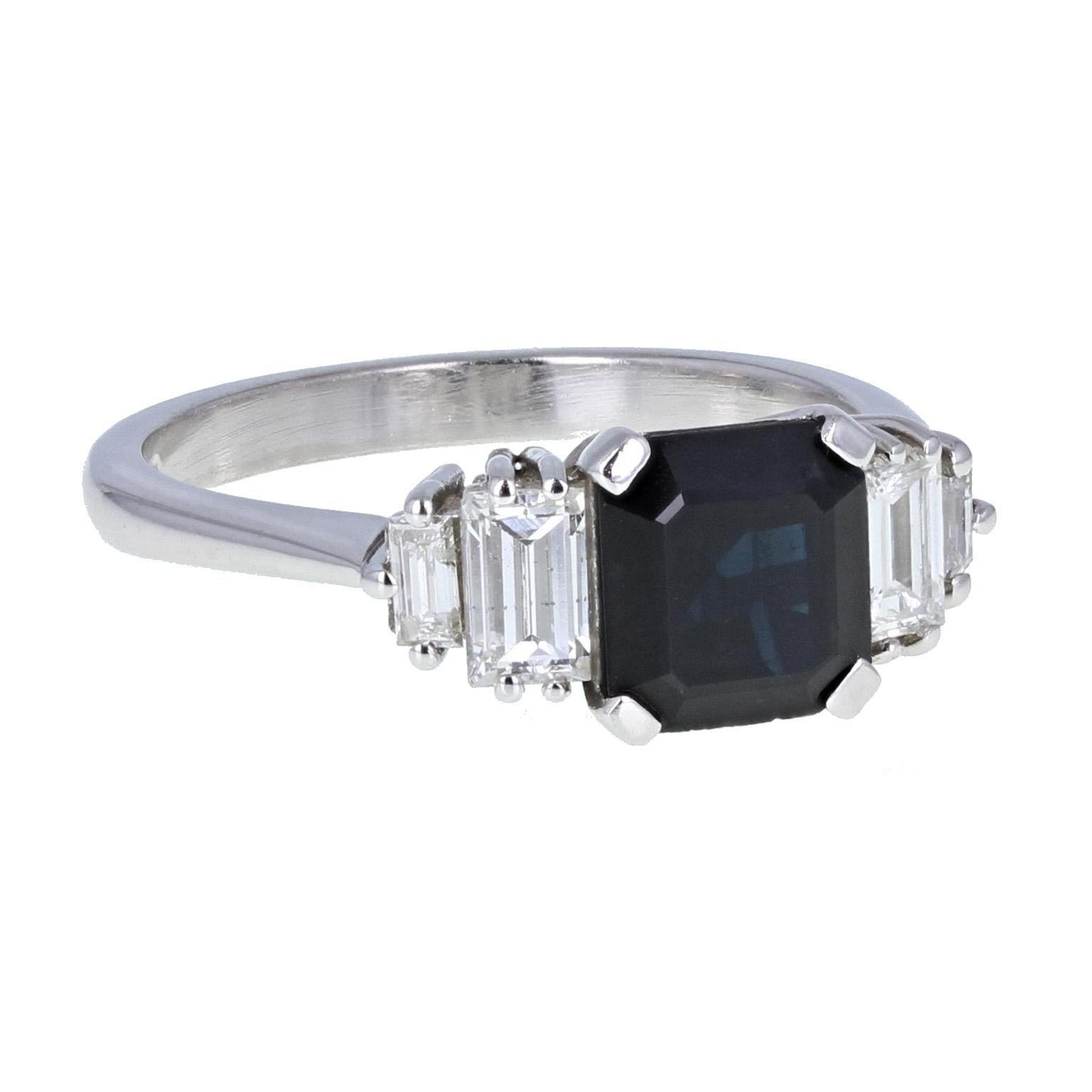 Modern 18 Carat White Gold Square Emerald Cut Sapphire Diamond Cocktail Ring For Sale