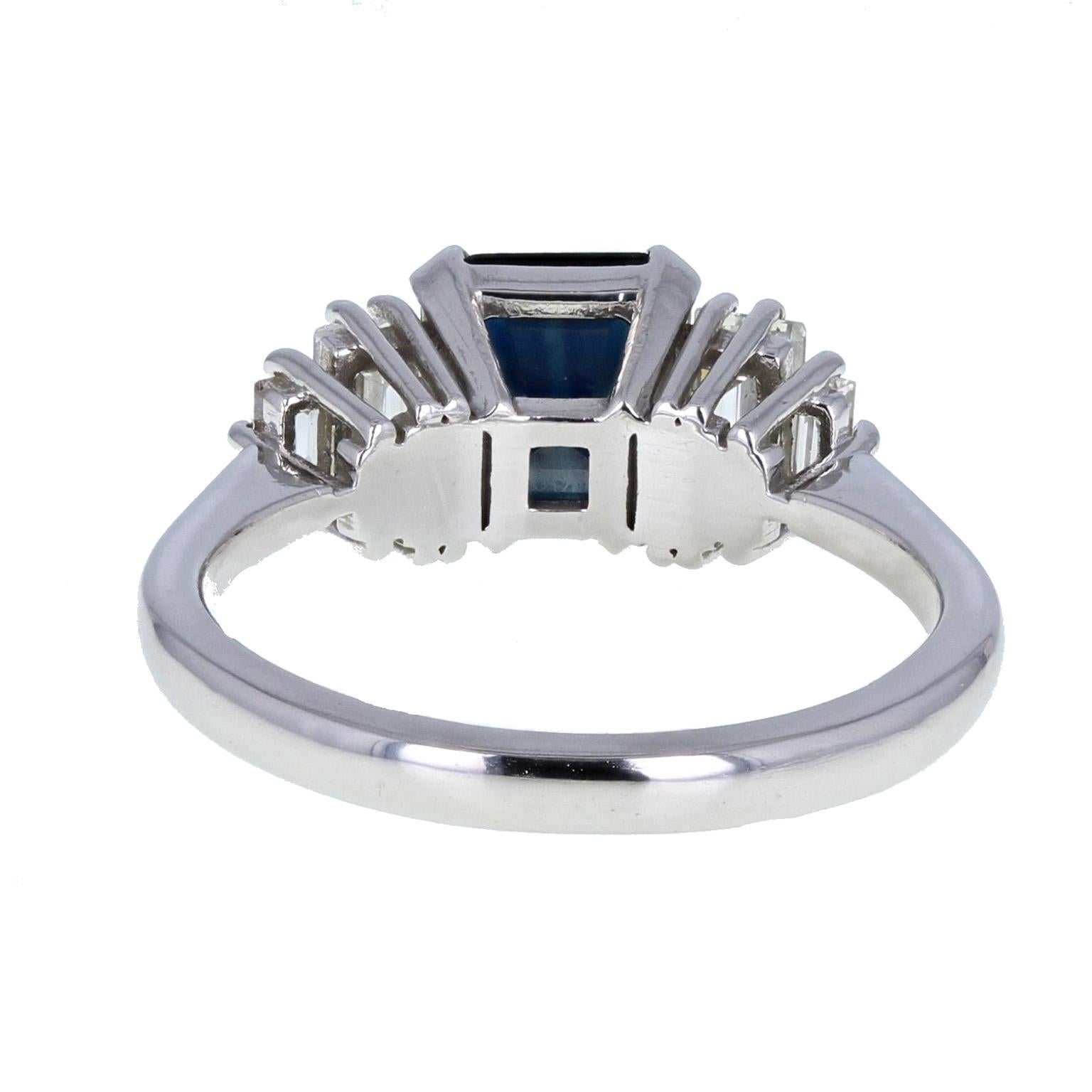 Women's or Men's 18 Carat White Gold Square Emerald Cut Sapphire Diamond Cocktail Ring For Sale