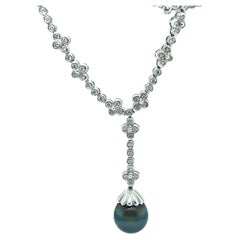 18ct White Gold Tahitian Pearl and Diamond Necklace 1.20ct 35.17g
