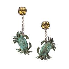 18ct White Gold, Verdigris Brass, Enamel, Rhodium and Citrine Crab Earrings