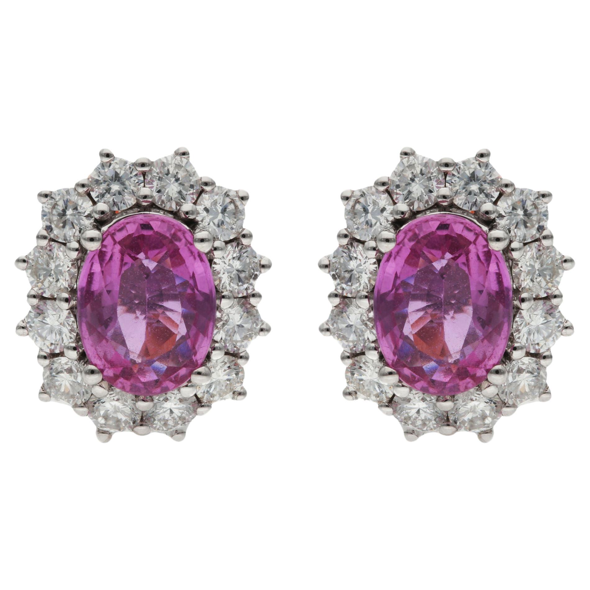 18ct White & Rose Gold 2.00ct Pink Sapphire & 1.20ct Diamond Halo Stud Earrings For Sale