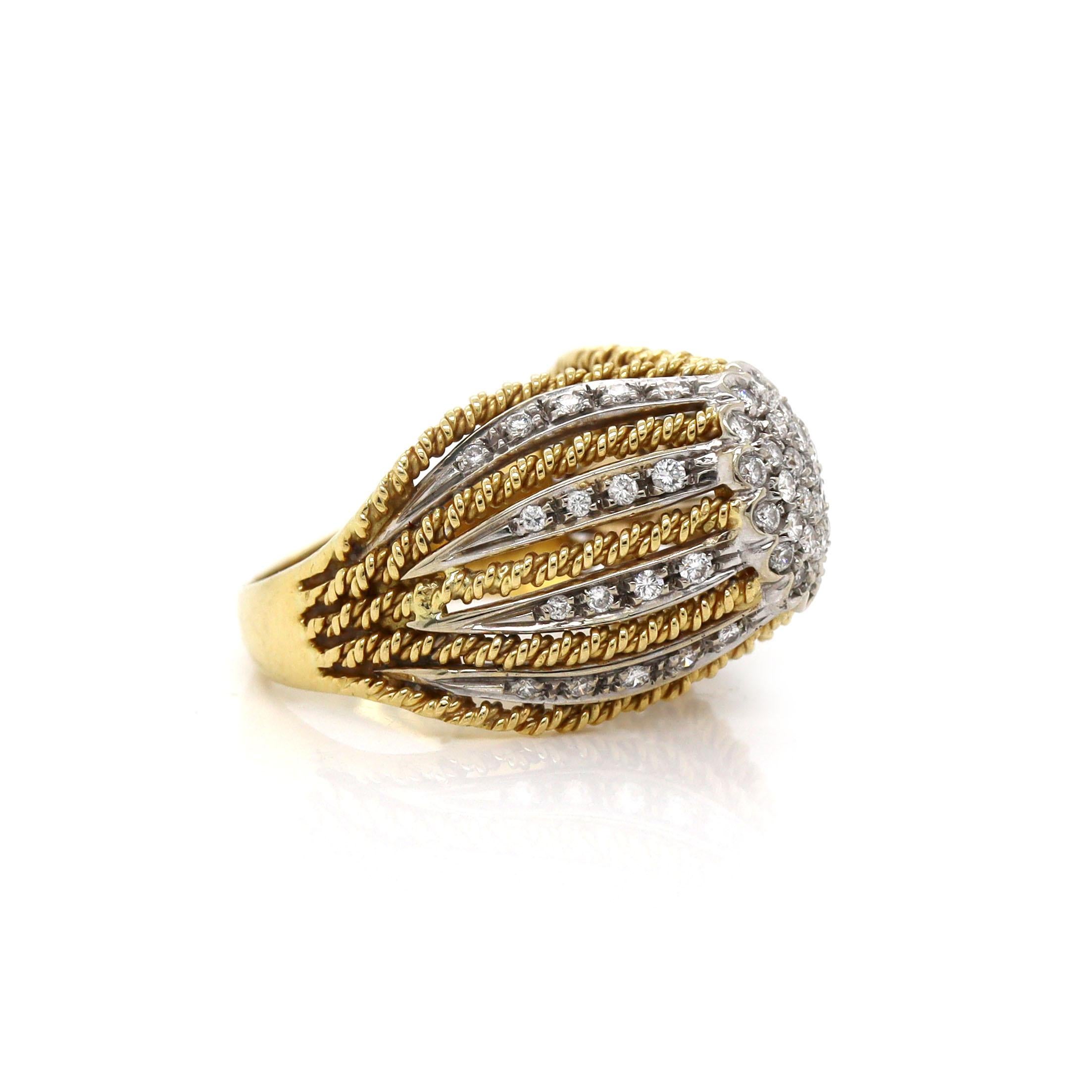 Taglio rotondo Anello da cocktail con diamante Art Deco in oro giallo e bianco 18 carati in vendita
