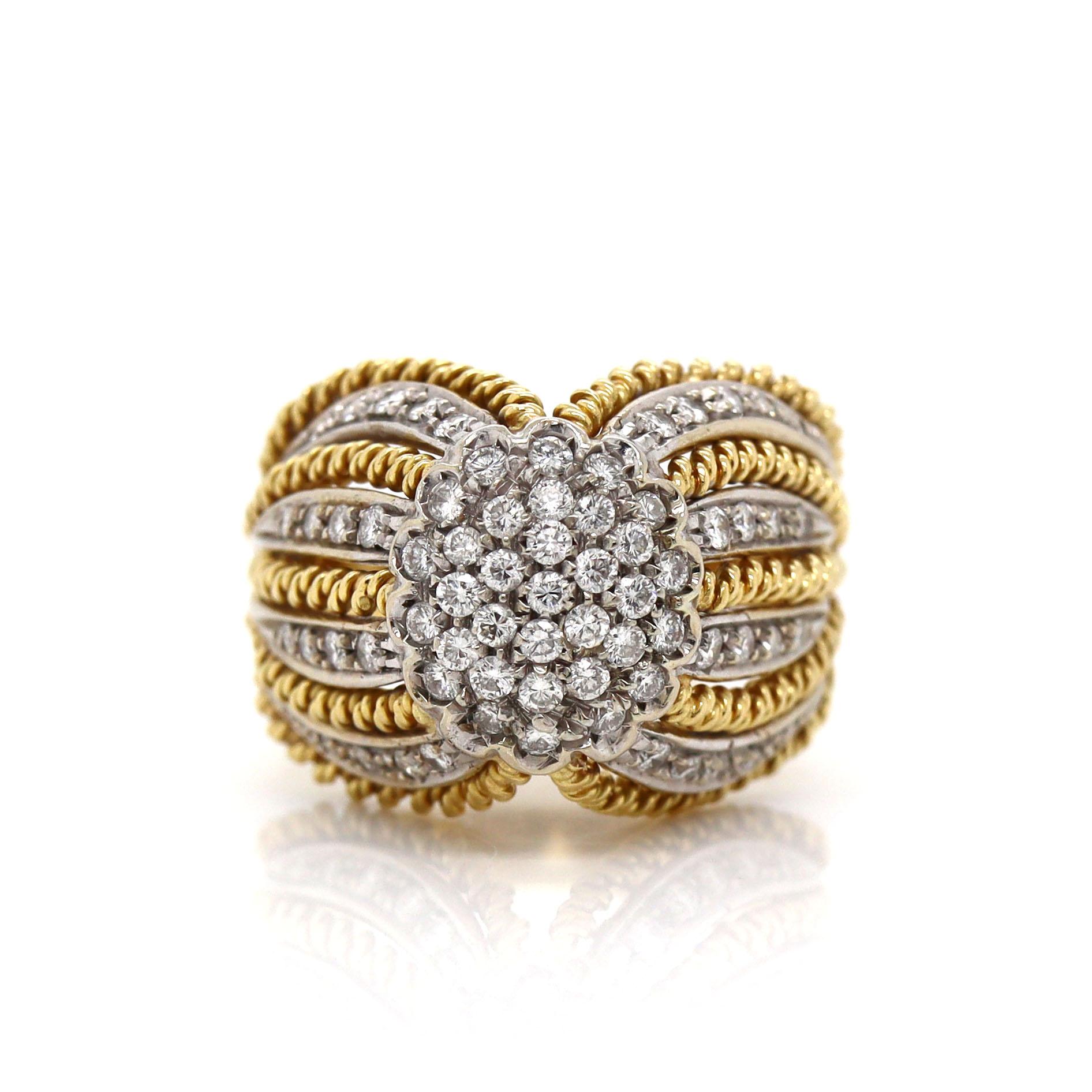 Anello da cocktail con diamante Art Deco in oro giallo e bianco 18 carati in vendita 2