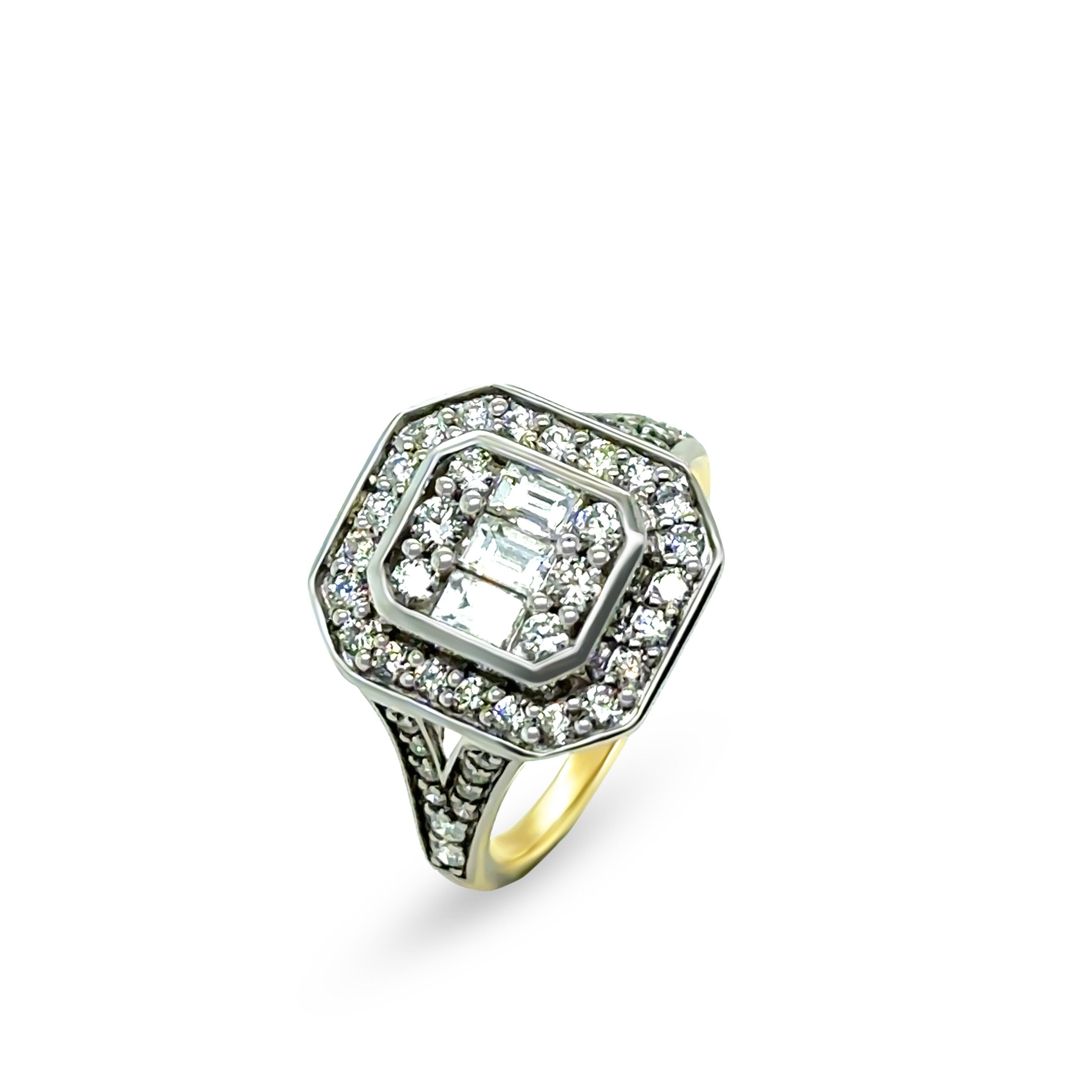 This elegant 18ct yellow and white gold diamond ring features a dazzling combination of round brilliant-cut and baguette step-cut diamonds, offering a timeless and sophisticated design.

The ring is set with 50 round brilliant-cut diamonds, totaling