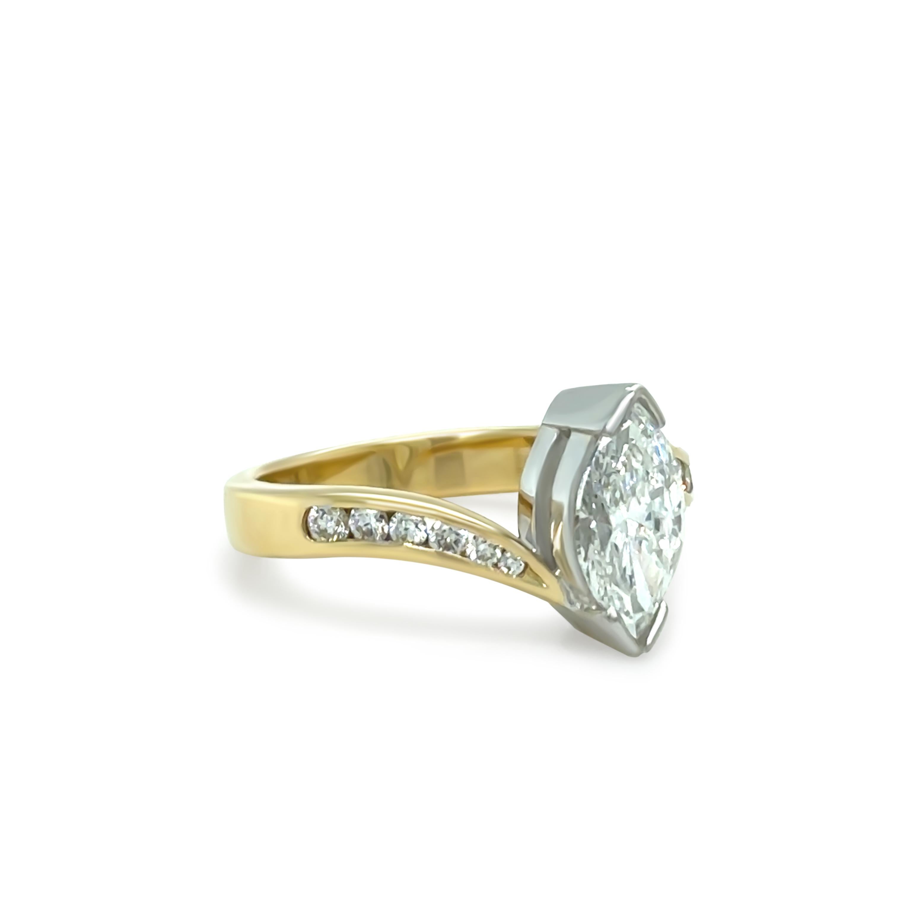 Women's 18ct Yellow and White Gold Marquise Diamond Engagement Ring 1.21ct 5.09g For Sale