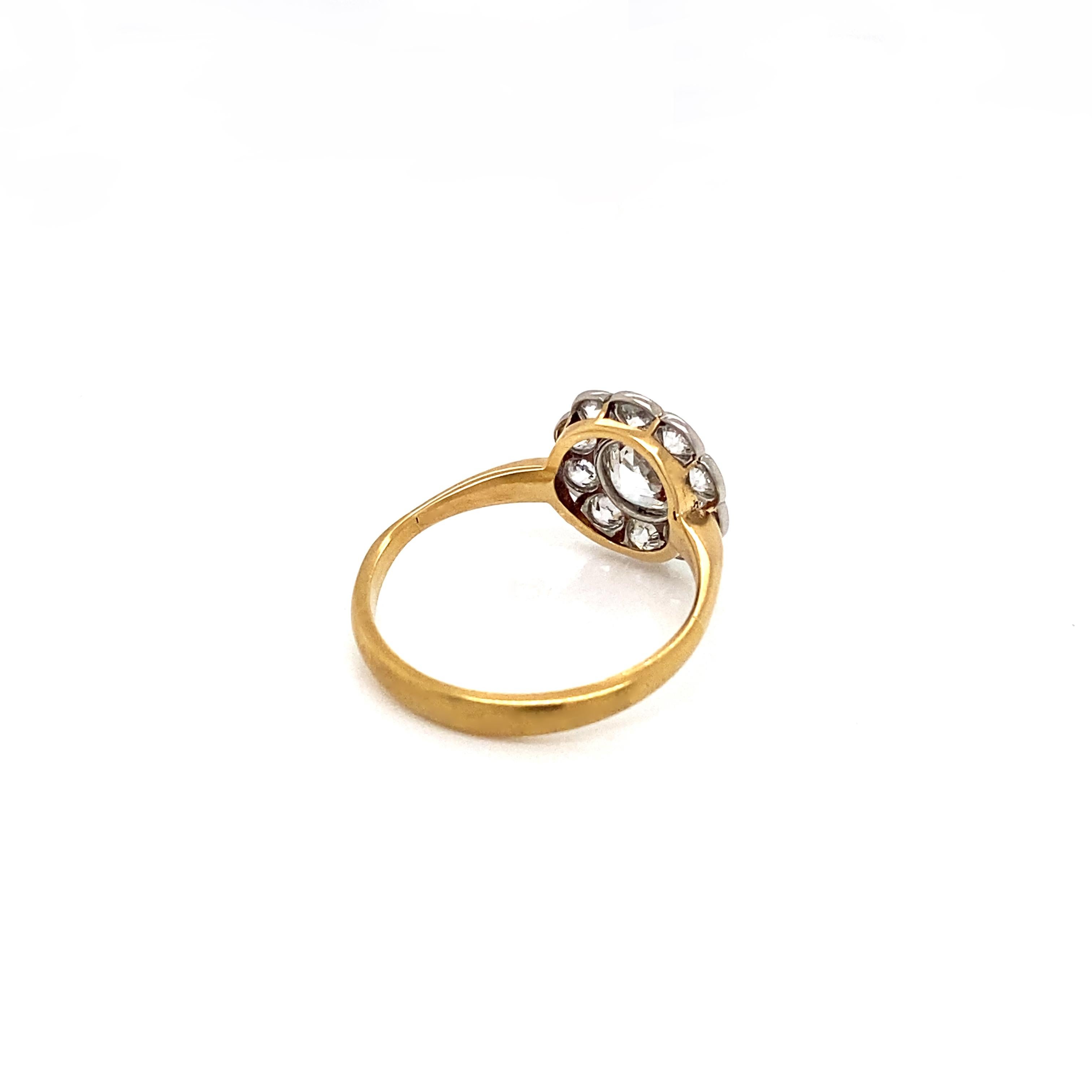 Romantic 18ct Yellow and White Gold Old Cut Diamond Antique Flower Coronet Cluster Ring For Sale