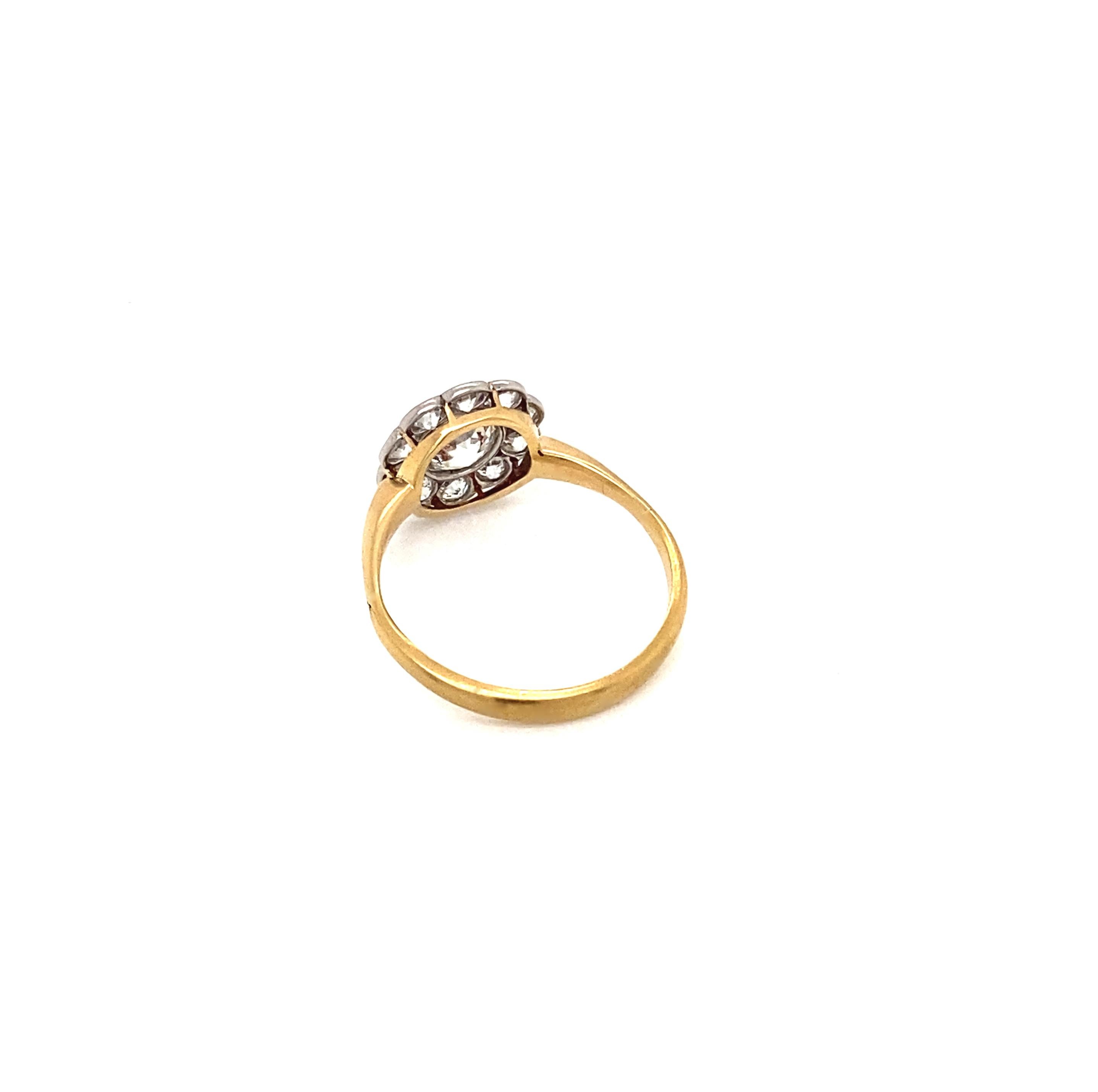 Old Mine Cut 18ct Yellow and White Gold Old Cut Diamond Antique Flower Coronet Cluster Ring For Sale
