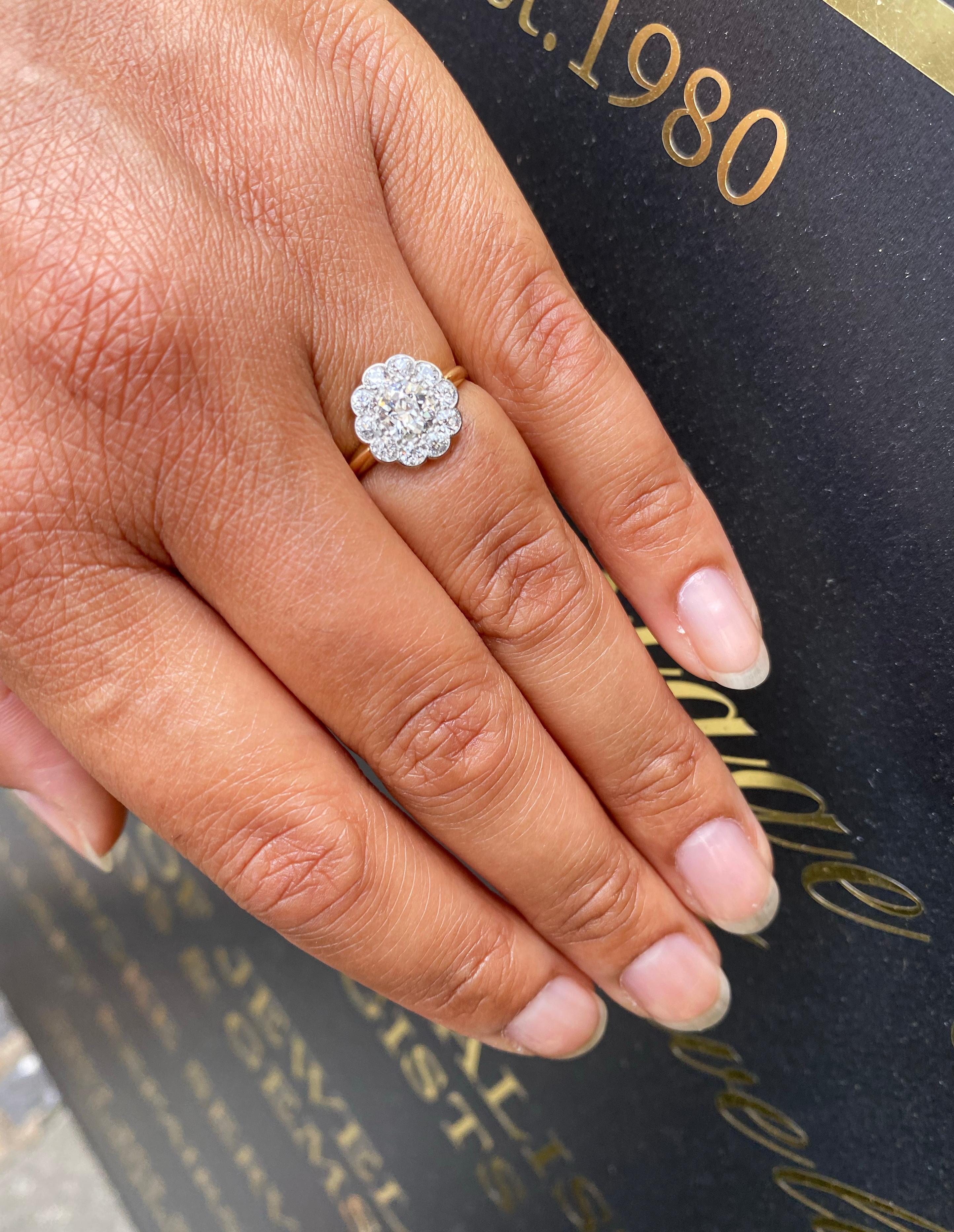 18ct Yellow and White Gold Old Cut Diamond Antique Flower Coronet Cluster Ring For Sale 2