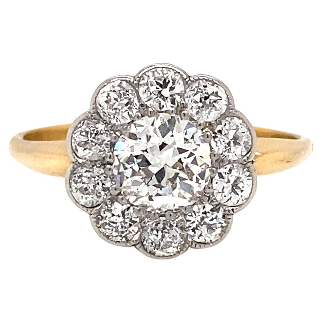 18ct Yellow and White Gold Old Cut Diamond Antique Flower Coronet Cluster Ring For Sale
