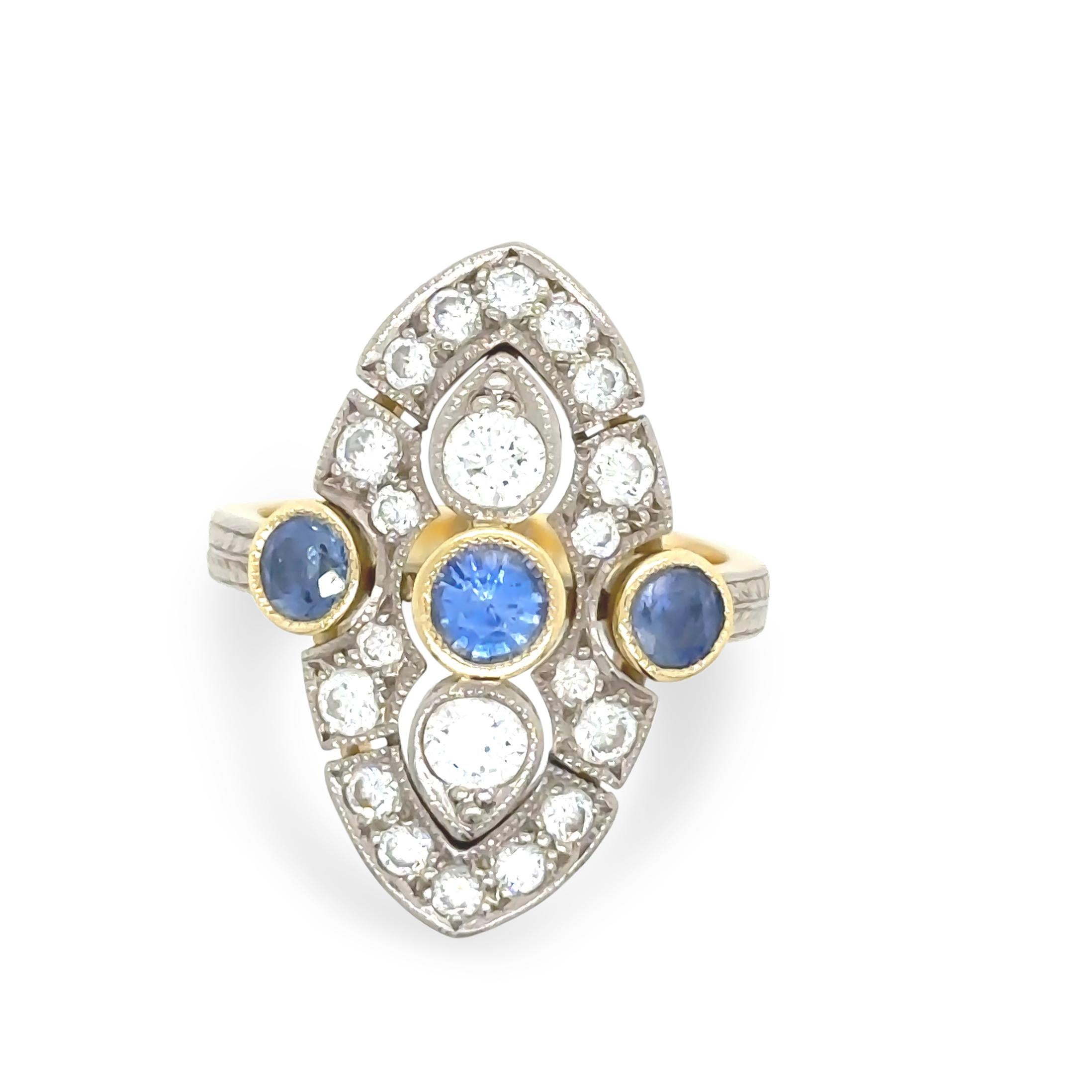 Round Cut 18ct Yellow and White Gold Sapphire and Diamond Ring 1.64ct For Sale