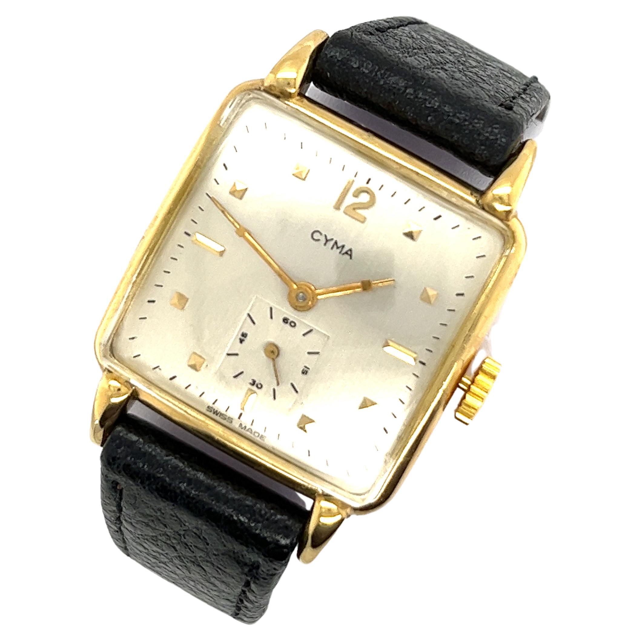 18ct Yellow Gents Gold Vintage Cyma Square Watch For Sale