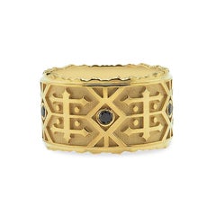 18ct Yellow Gold, 0.25ct Black Diamond Men's Band, Navajo Inspired Pattern