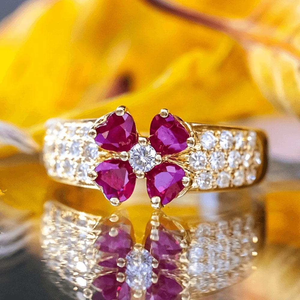 18ct Yellow Gold 1.17ct Ruby & Diamond Flower Ring For Sale