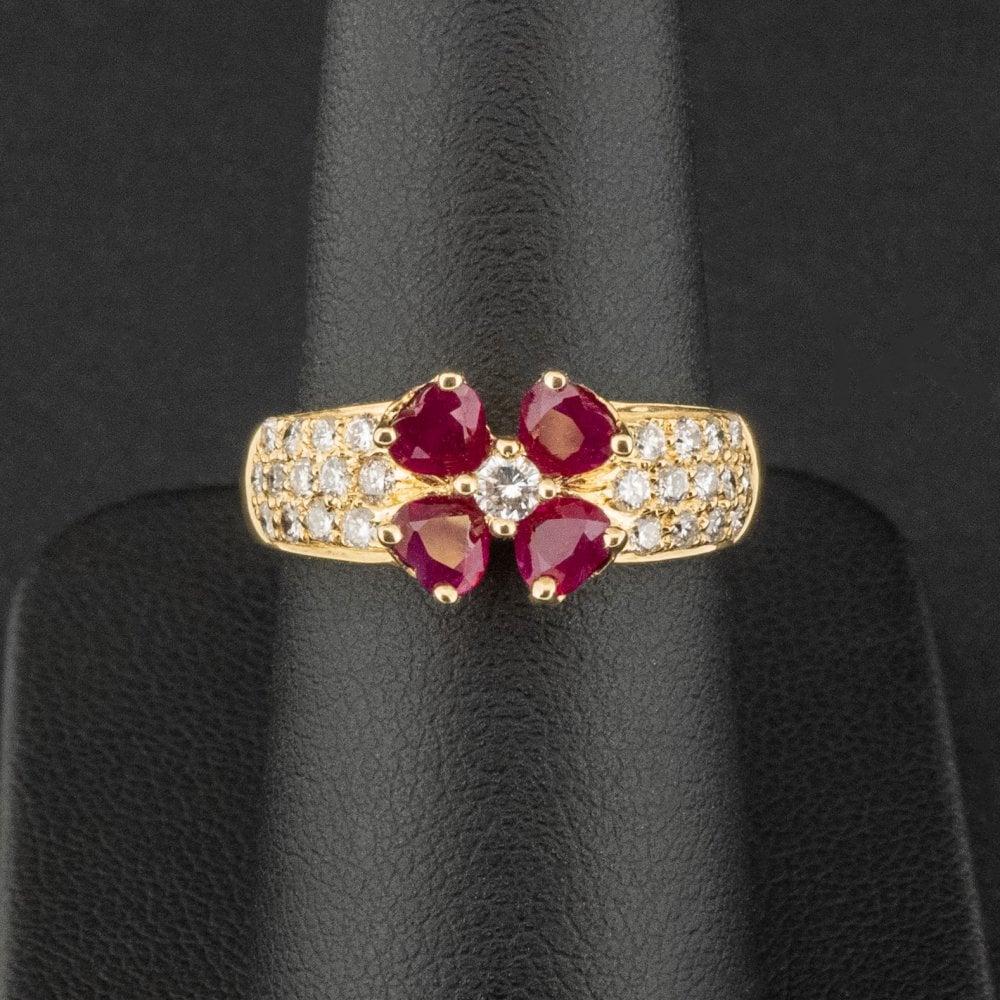 Heart Cut 18ct Yellow Gold 1.17ct Ruby & Diamond Flower Ring For Sale