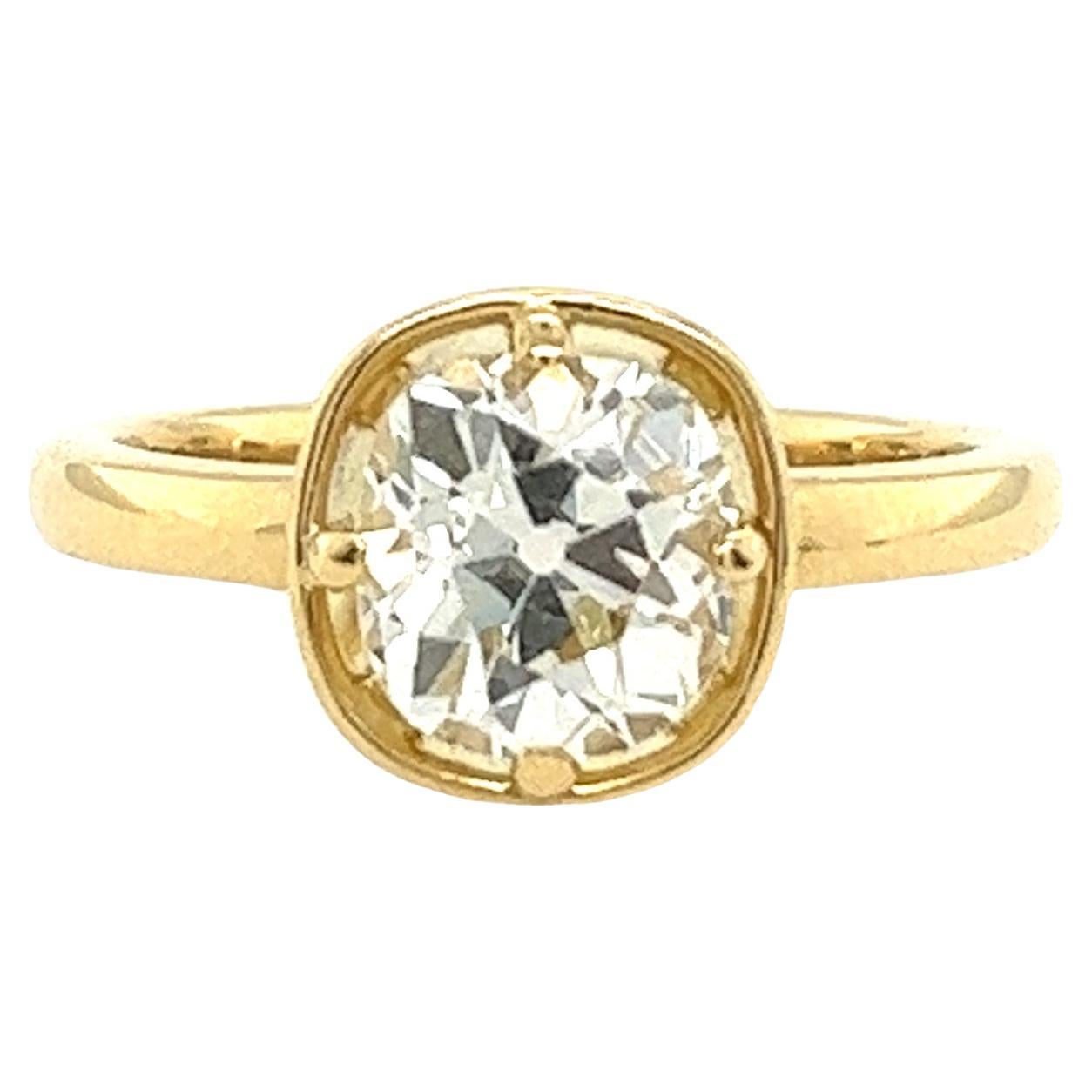 18ct Yellow Gold 1.71ct K/SI2 Cushion Old Cut Solitaire Diamond Ring For Sale