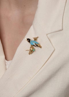 18ct Yellow Gold, 1960s Renè Kern 0.75ct Diamond, Ruby and Emerald Bird Brooch