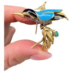 18ct Yellow Gold, 1920s Renè Kern 0.75ct Diamond, Ruby and Emerald Bird Brooch